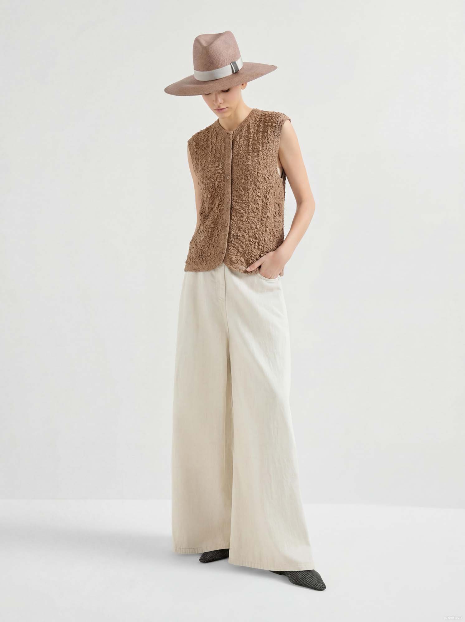 Brown Silk Crinkled Knit Cardigan