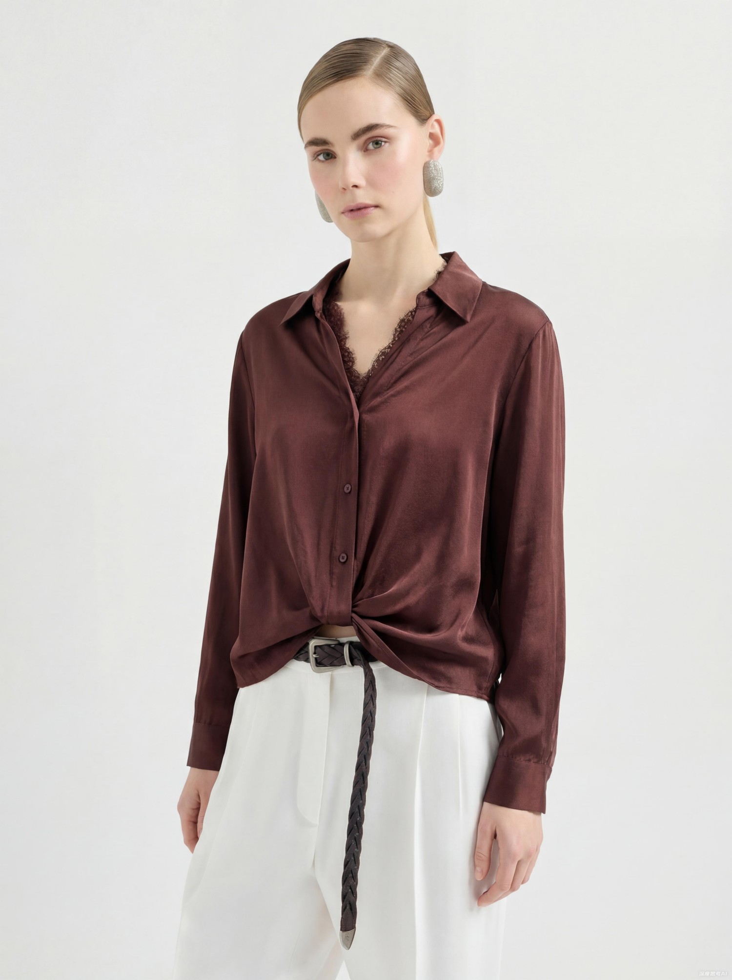 Brown Silk Long Sleeve Lace Blouse Top