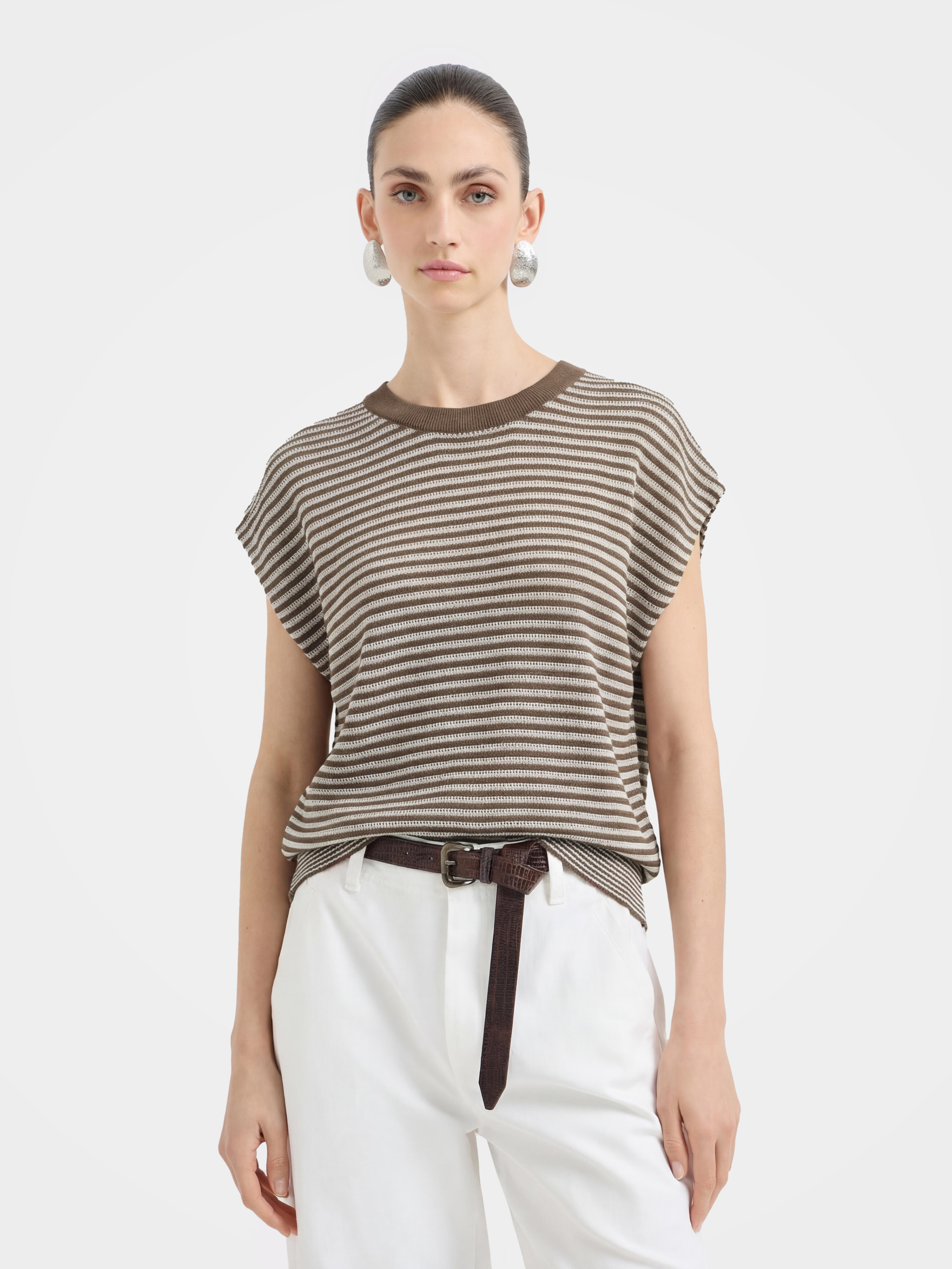 Cap Sleeve Tencel Stripe Knit Top– Luxurious Lightweight Knit