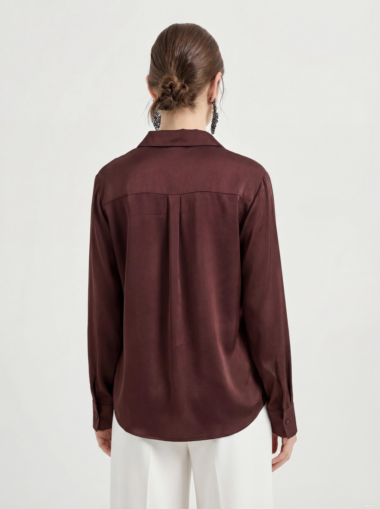 Brown Silk Long Sleeve Lace Blouse Top