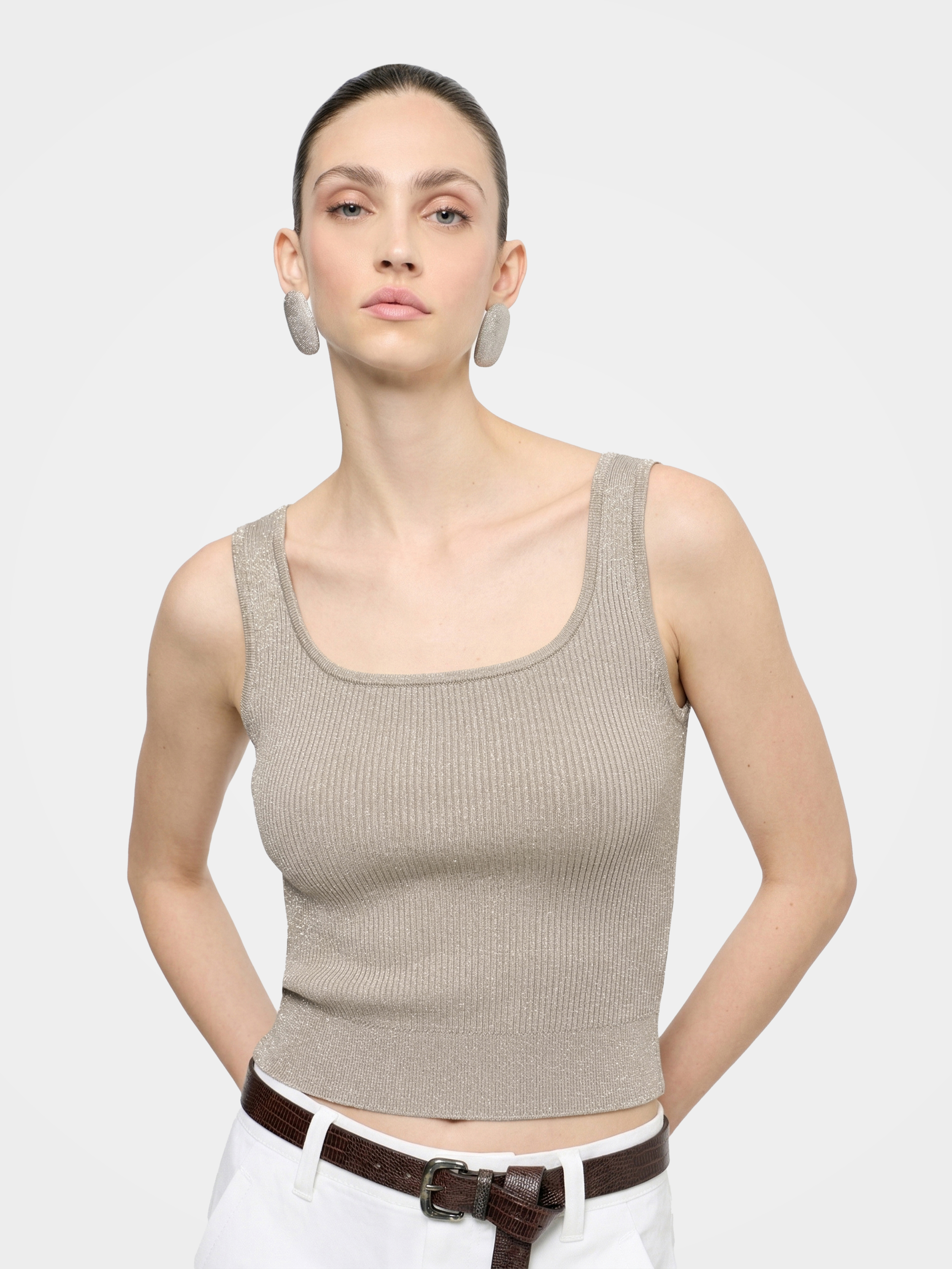 Beige Tencel Square Neck Sleeveless Knit Tank Top