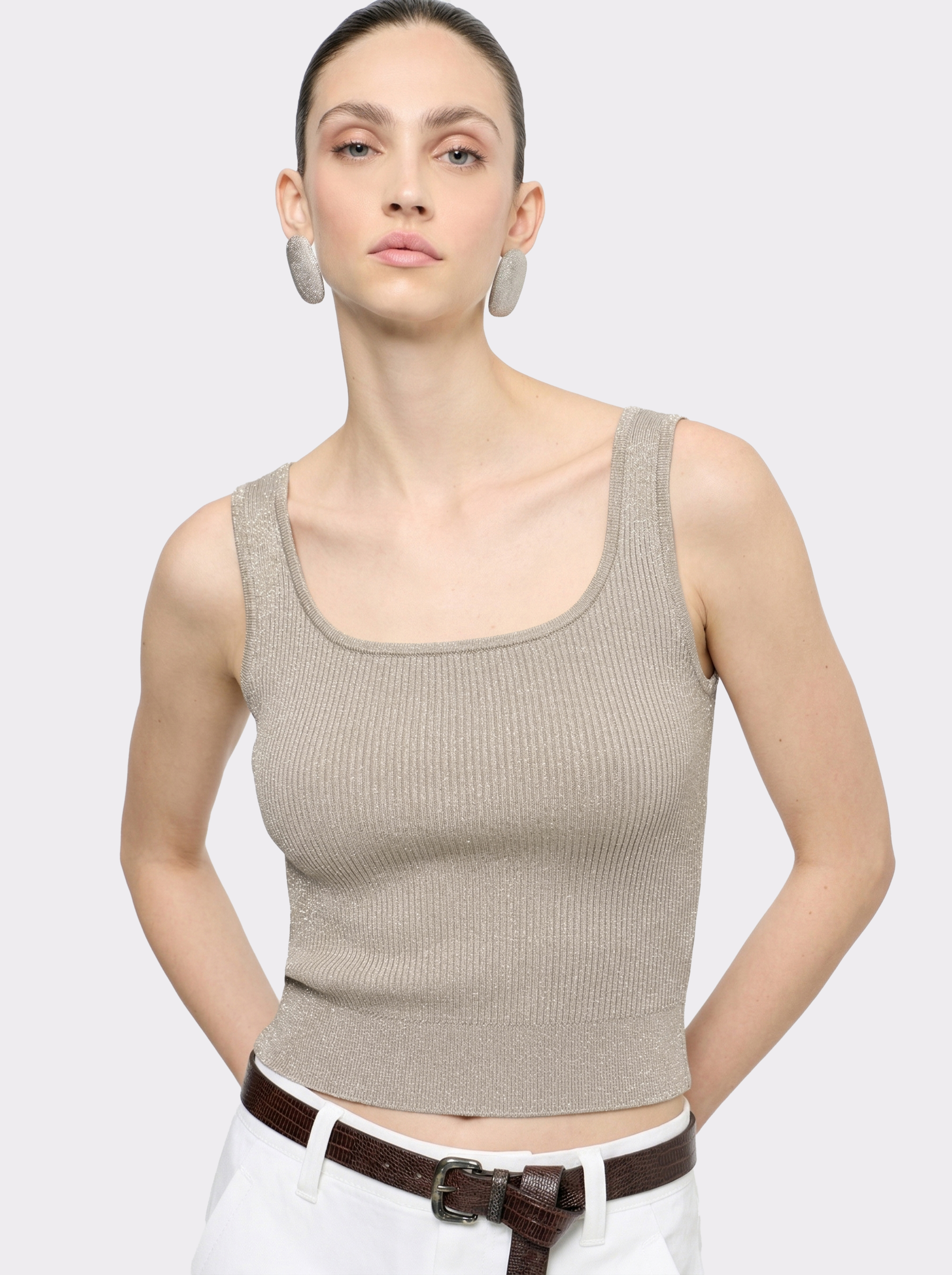Beige Square Neck Tencel Knit Tank