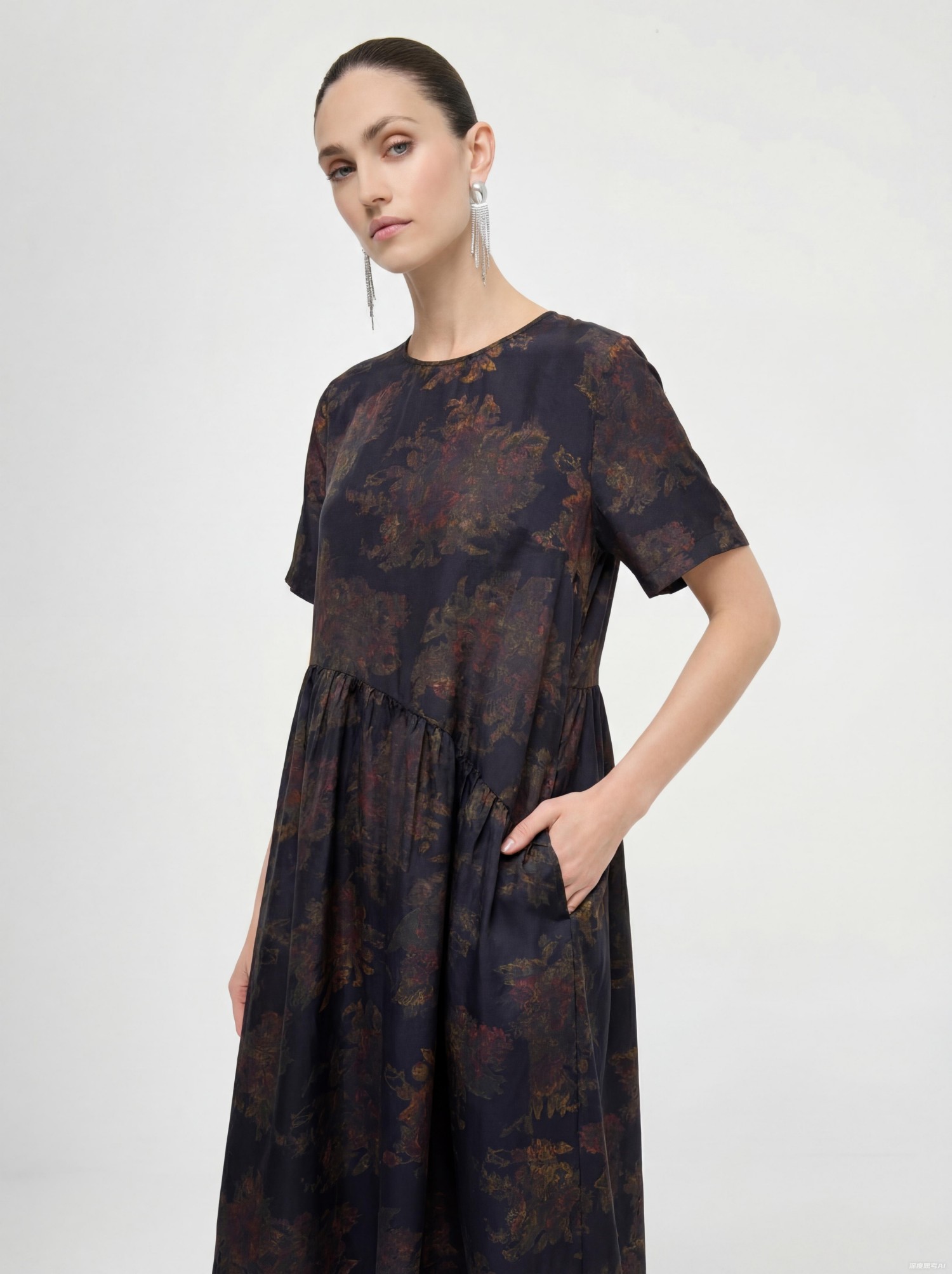 Navy Silk Floral Print Midi Dress