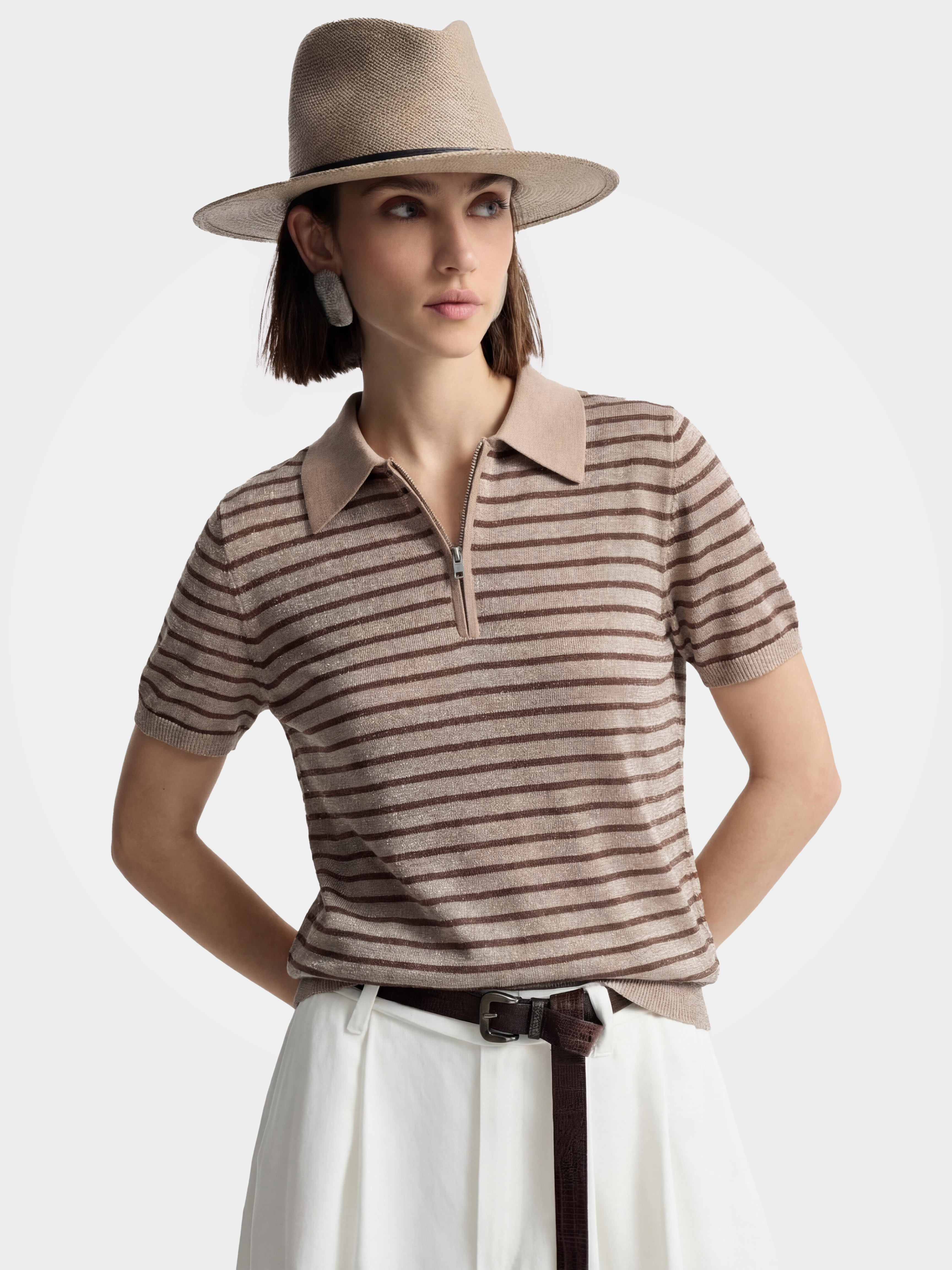 Lightweight Stripe Half Zip Short Sleeve Knit Pullover