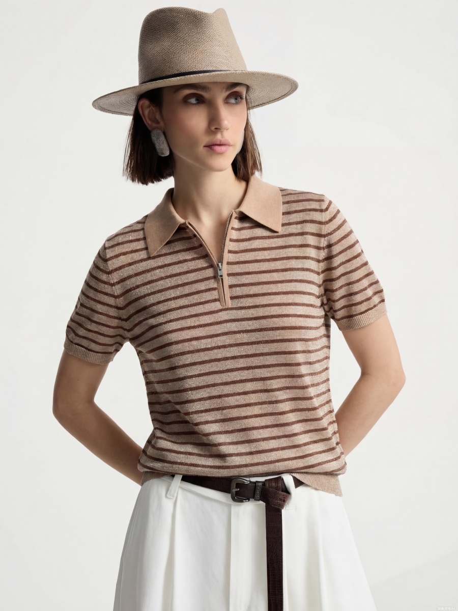 Slik Short Sleeve Stripe Zip up Knit Polo Top