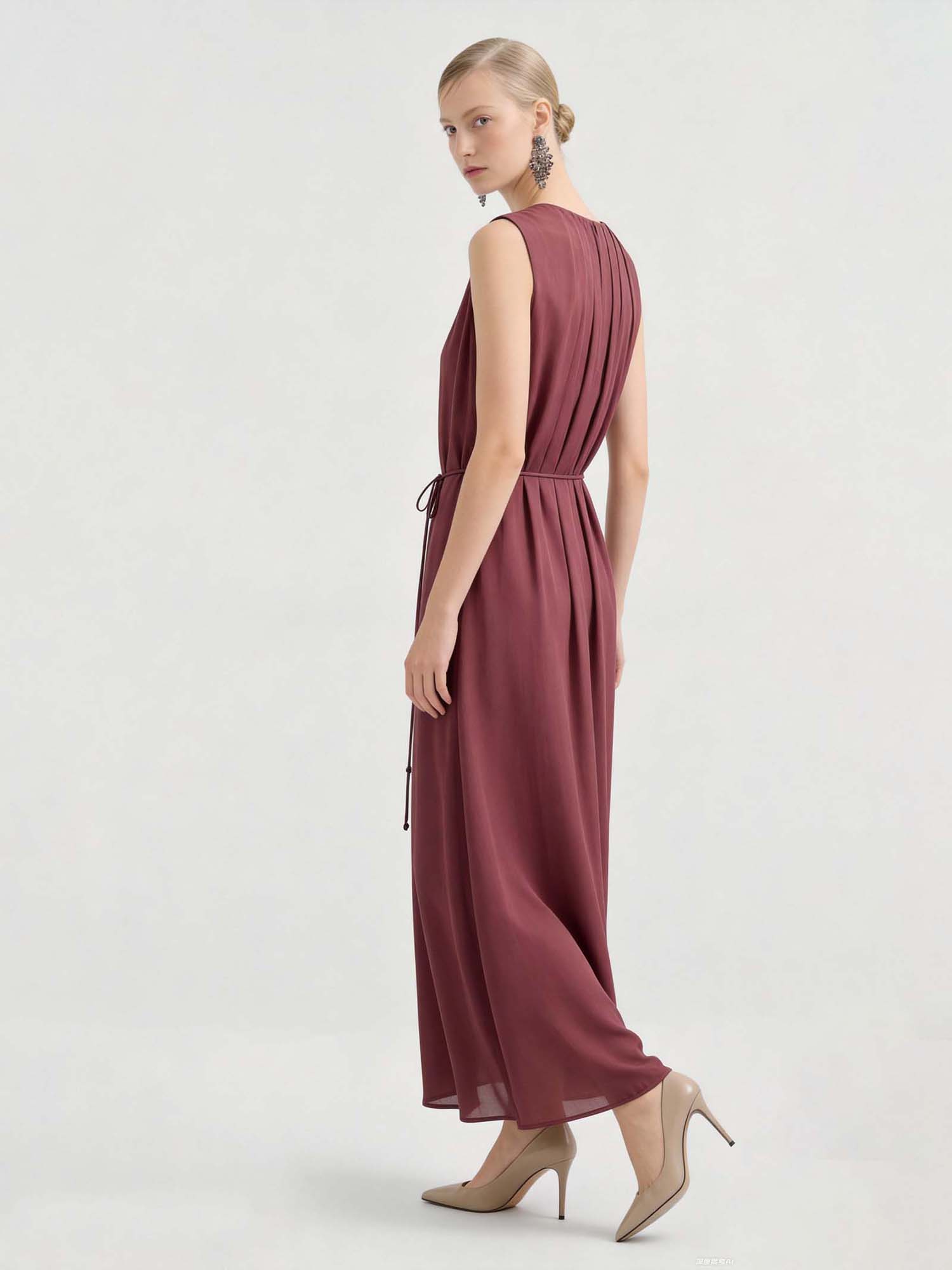 Wine Silk Crinkles Maxi Dress
