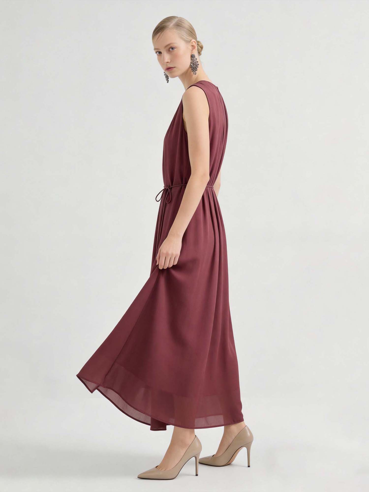 Wine Silk Crinkles Maxi Dress