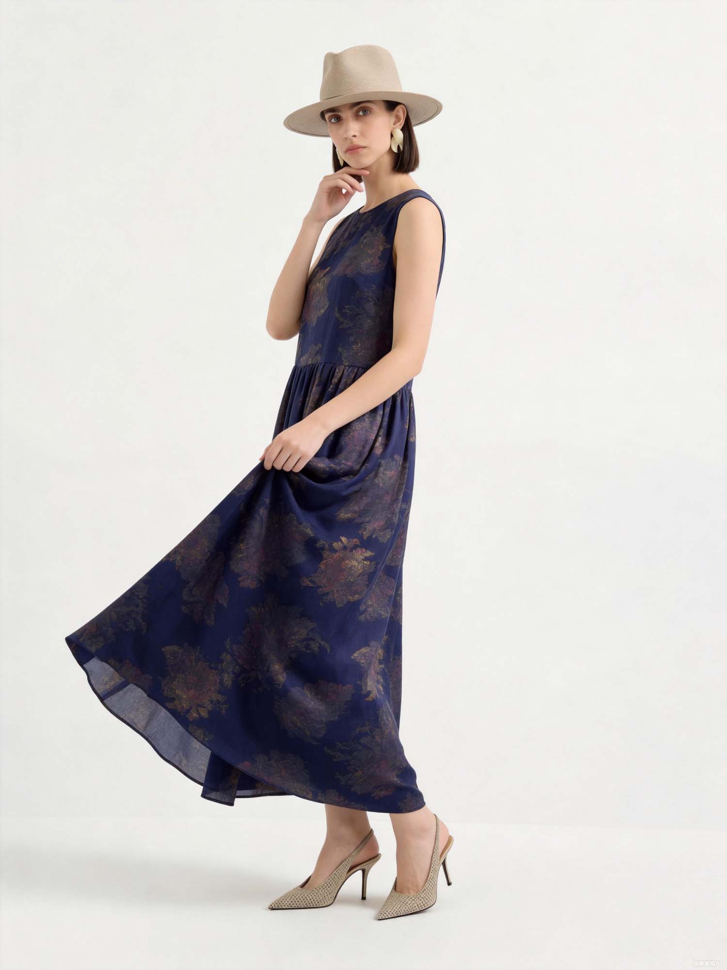 Navy Silk Floral Print Maxi Dress