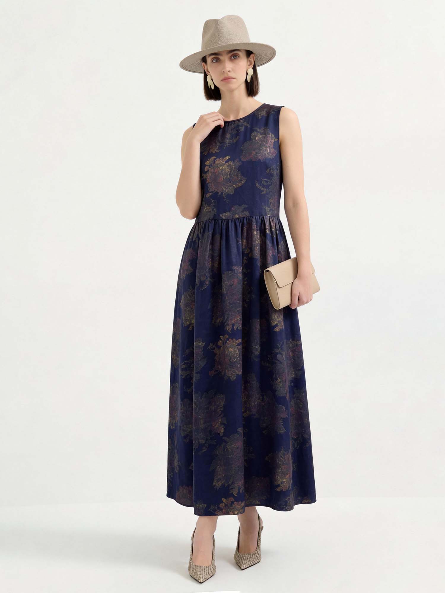 Navy Silk Floral Print Maxi Dress