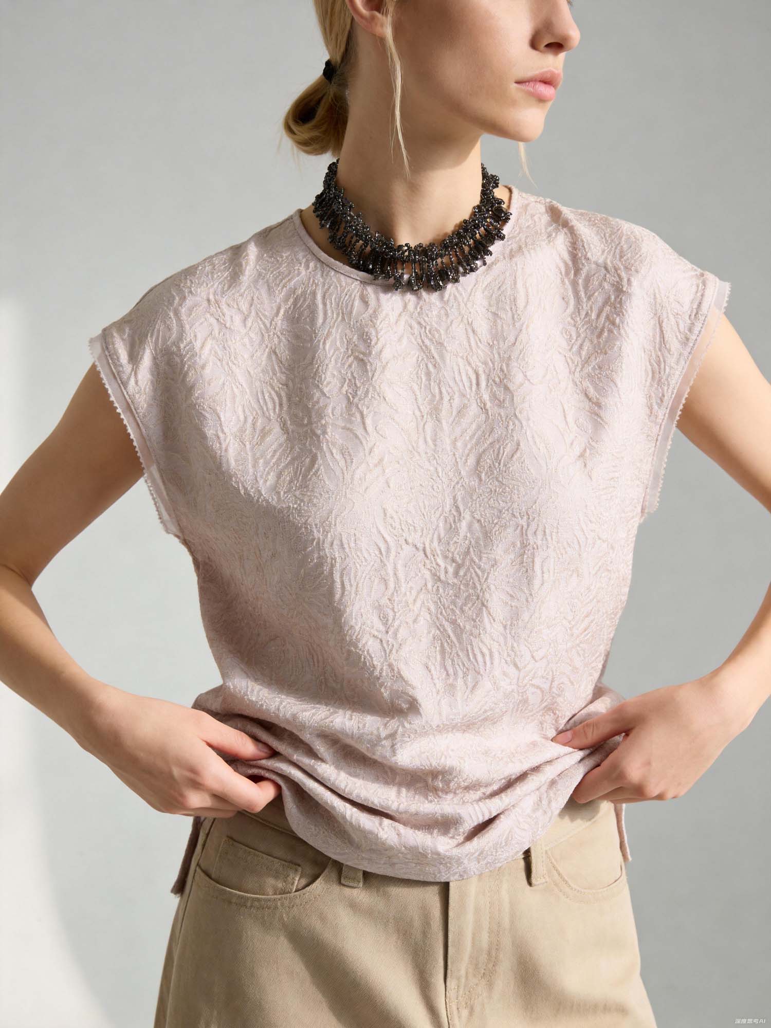 Gold Silk Sleeveless Jacquard Top 