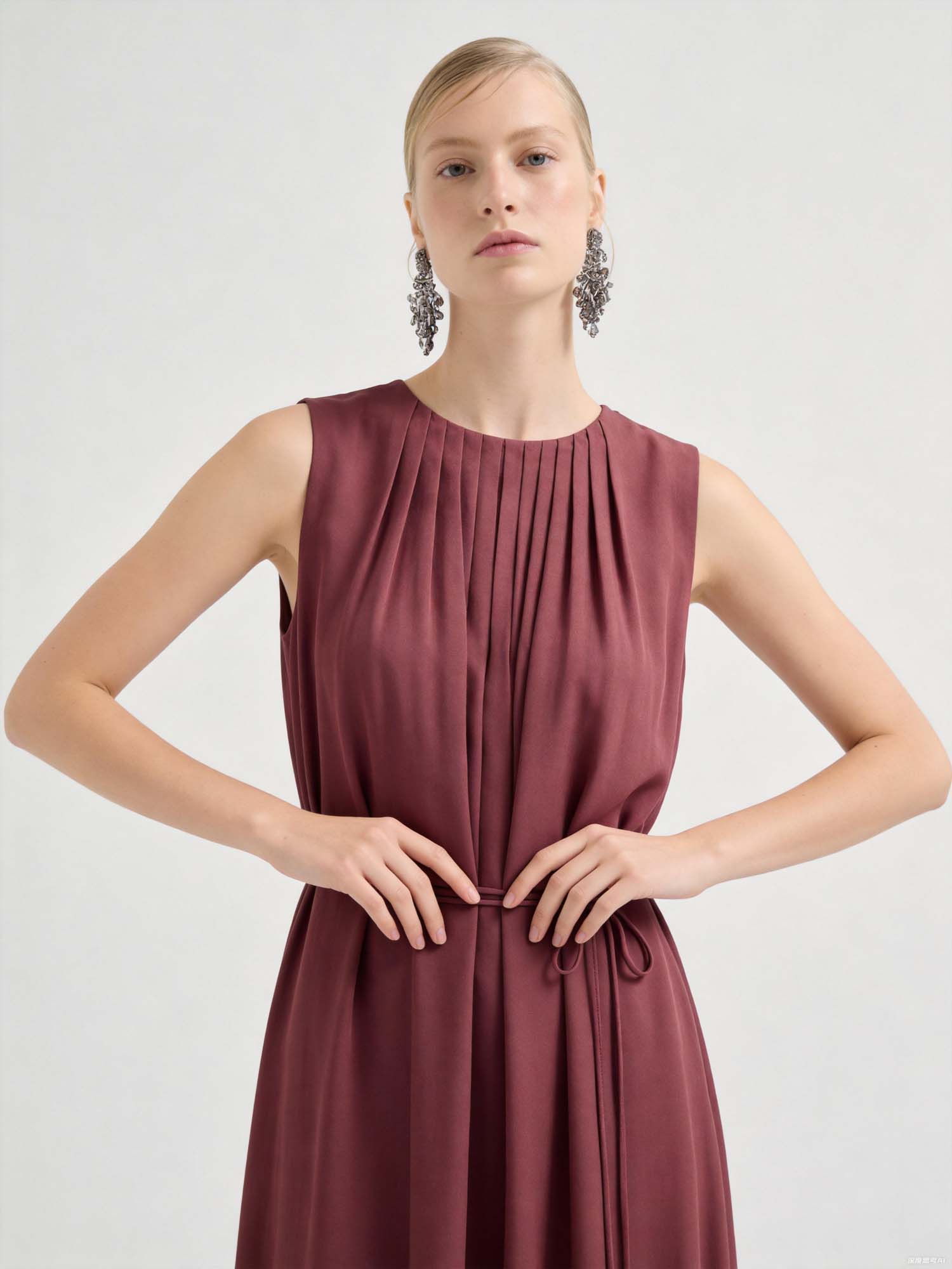 Wine Silk Crinkles Maxi Dress