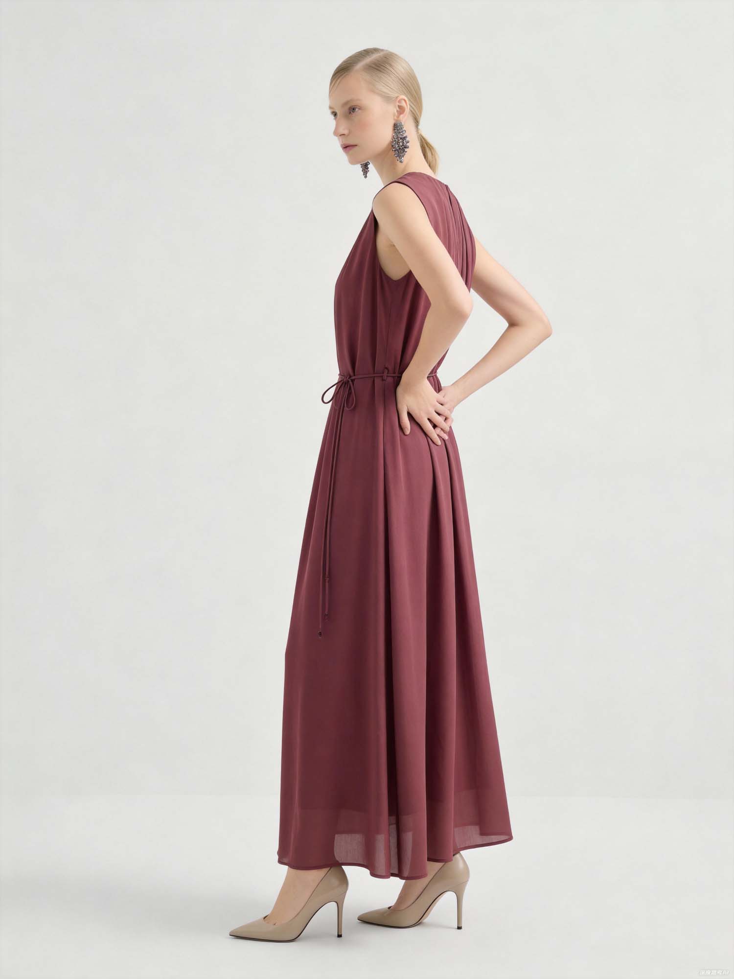 Wine Silk Crinkles Maxi Dress