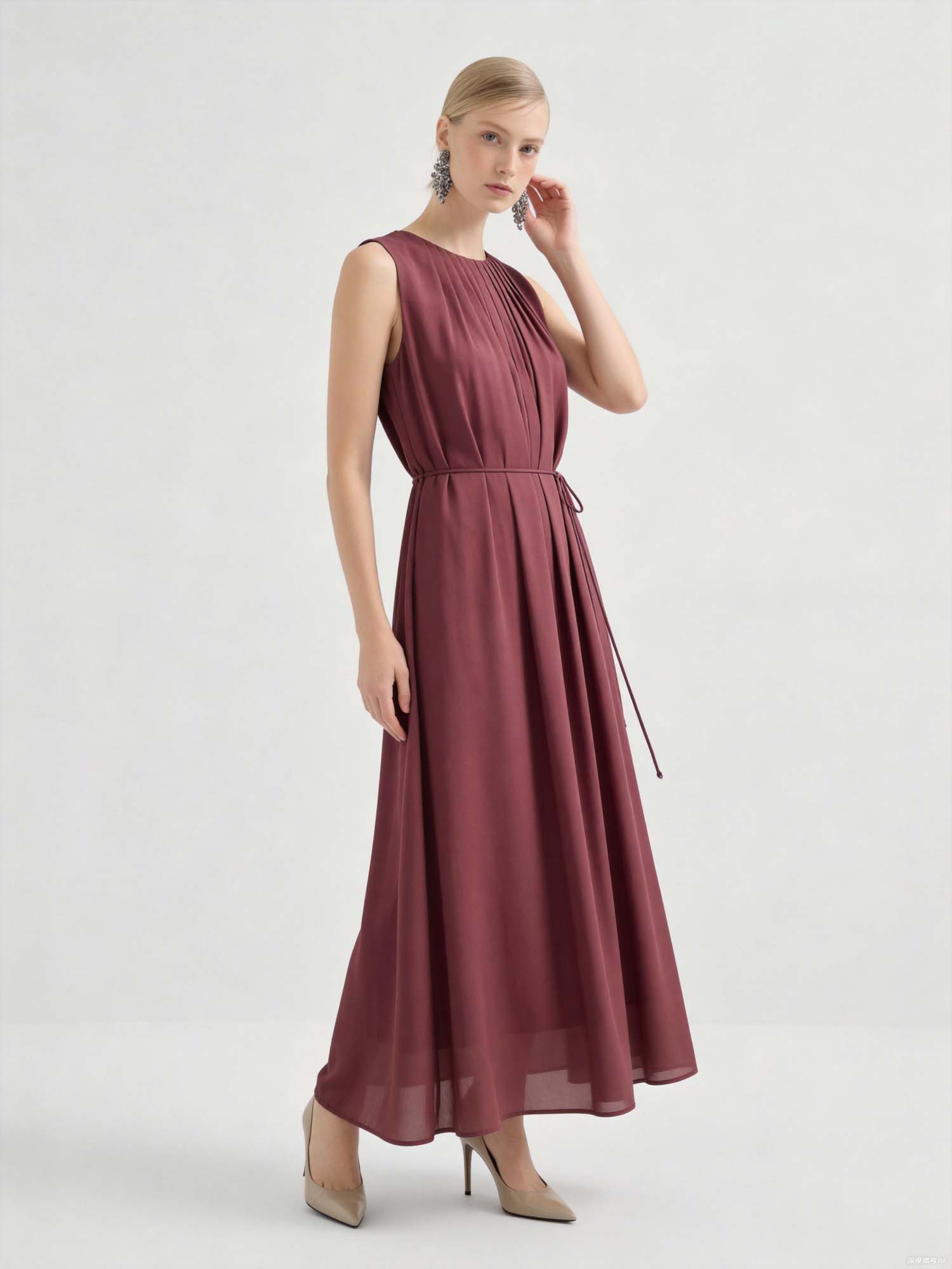 Wine Silk Crinkles Maxi Dress