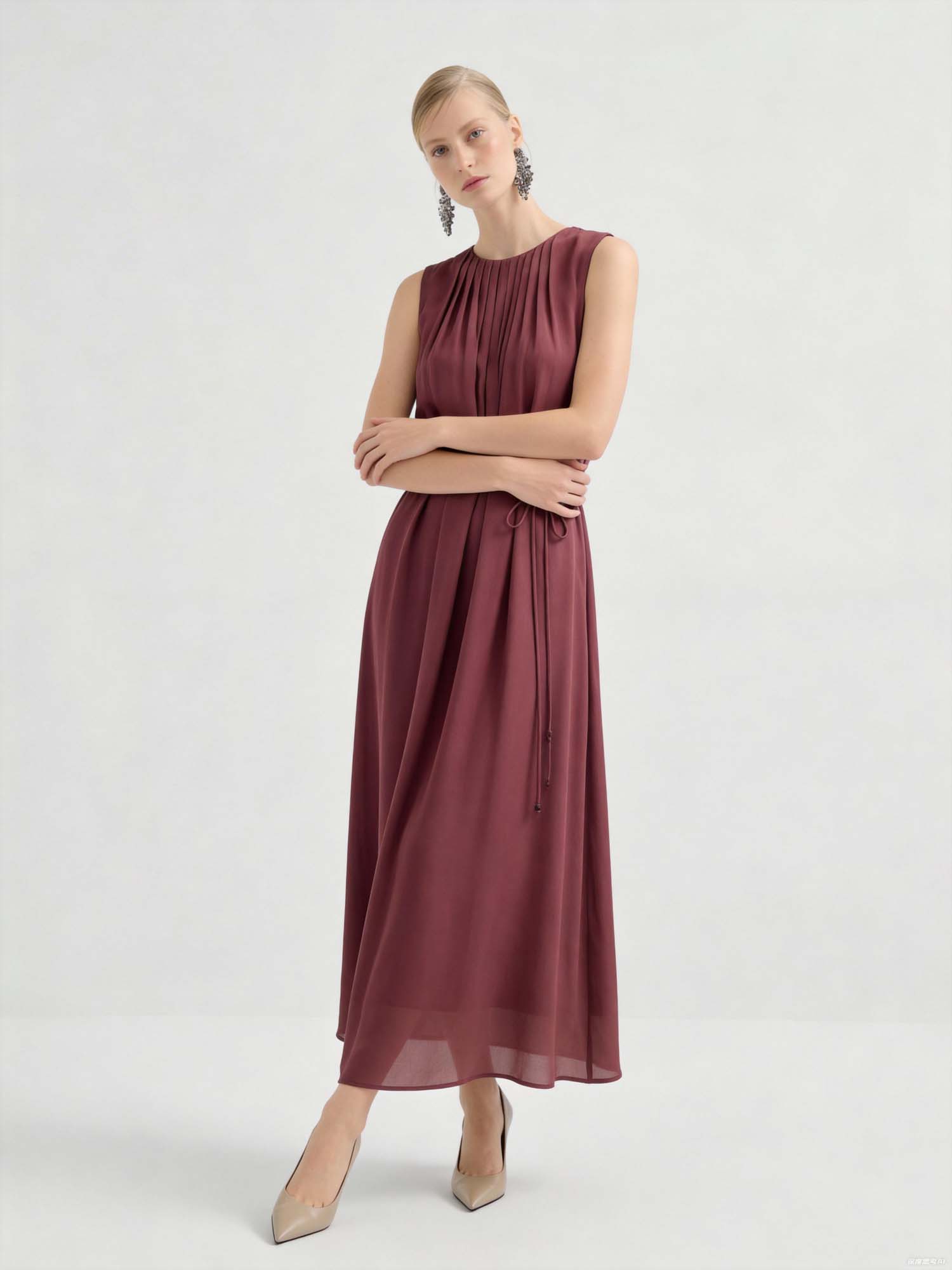 Wine Silk Crinkle Maxi Dress Elegant Flowy Gown