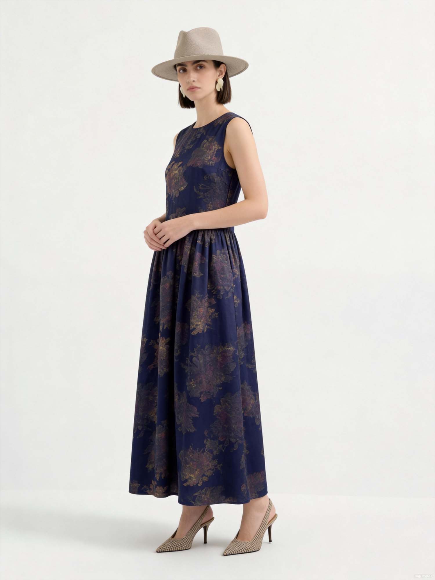 Navy Silk Floral Print Maxi Dress