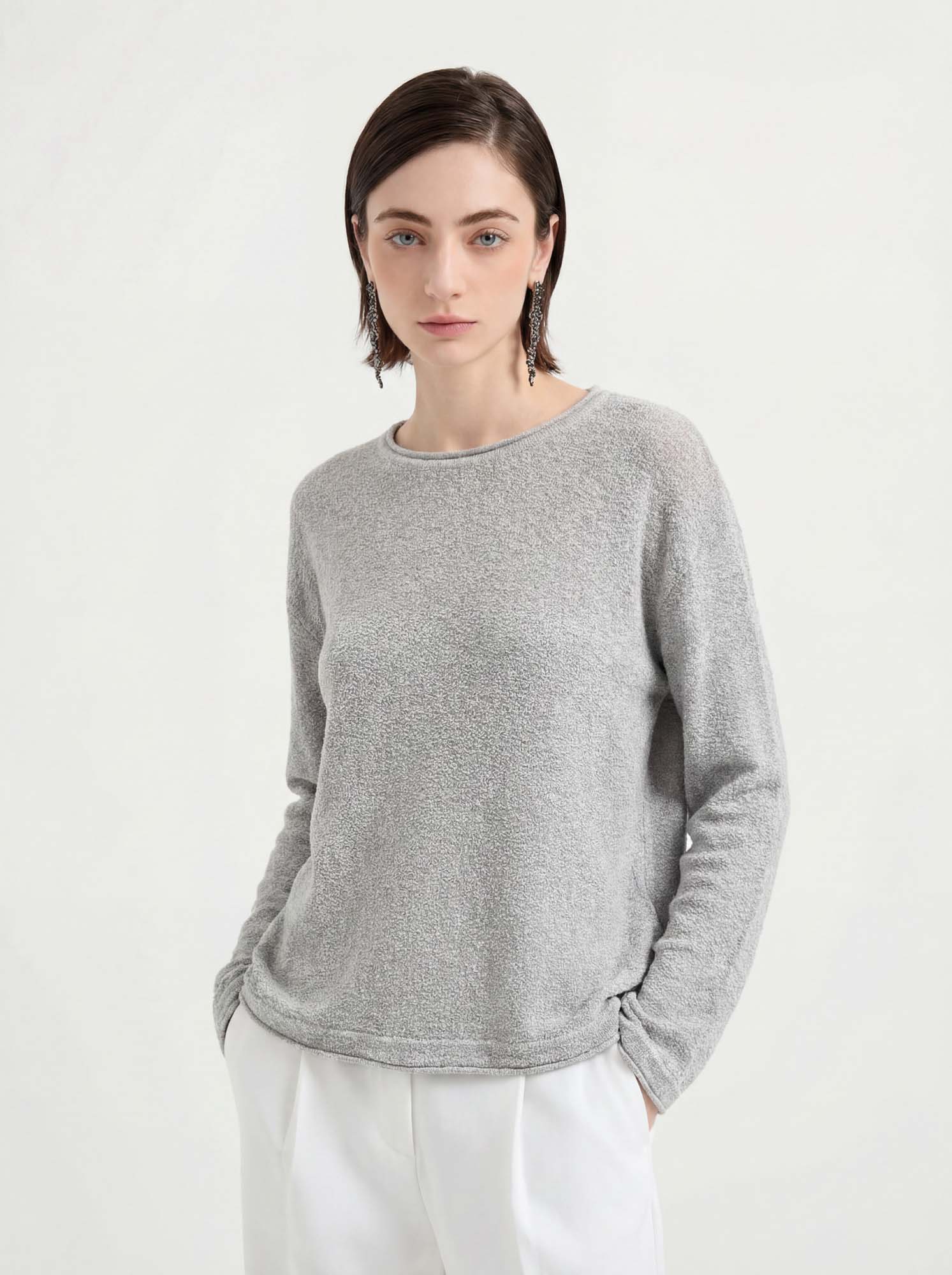 Gray Sheer Crew Neck Long Sleeve Knit Top – Rolled Edge
