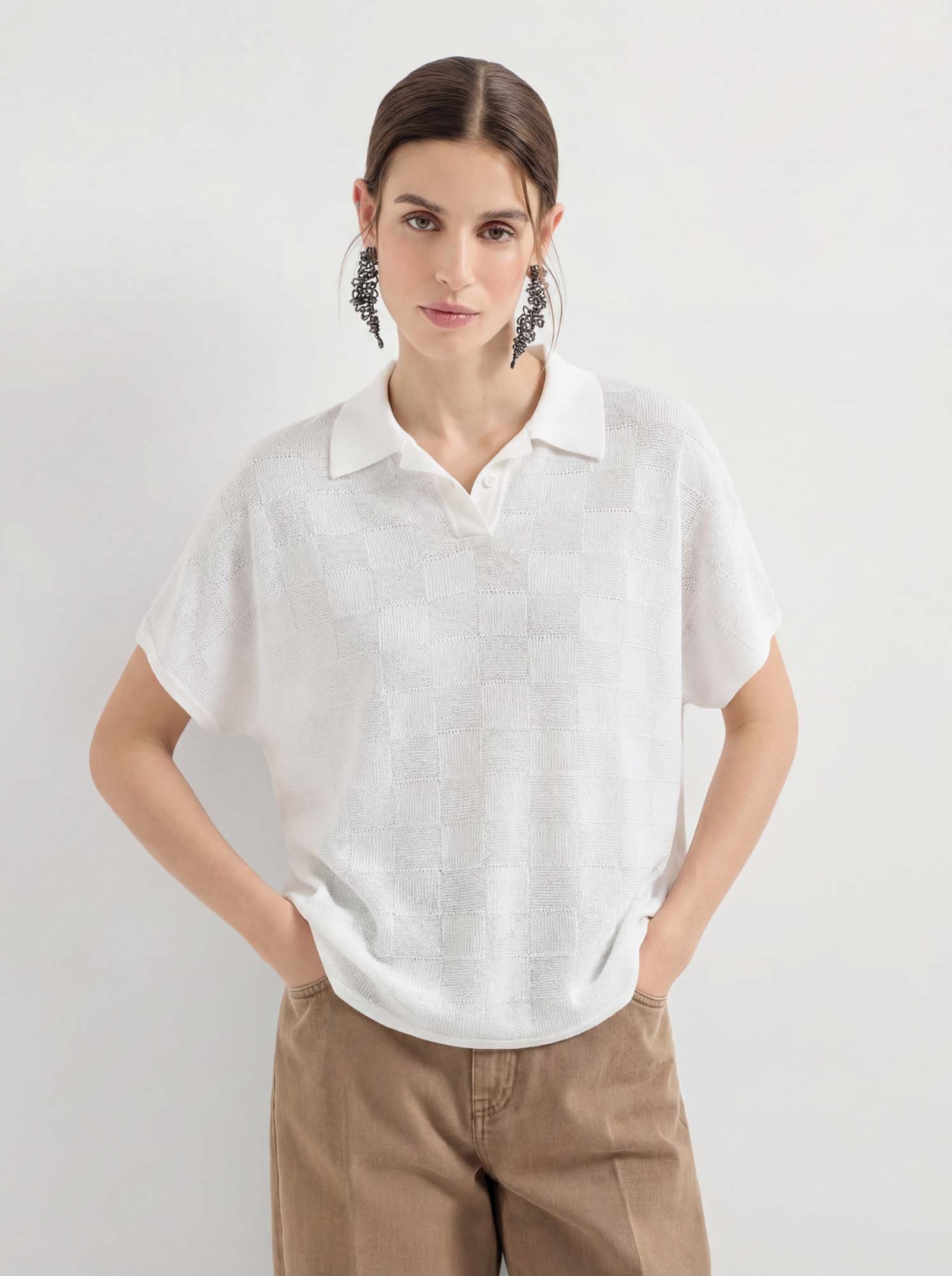 White Polo Collar Cotton Knit Batwing Sweater