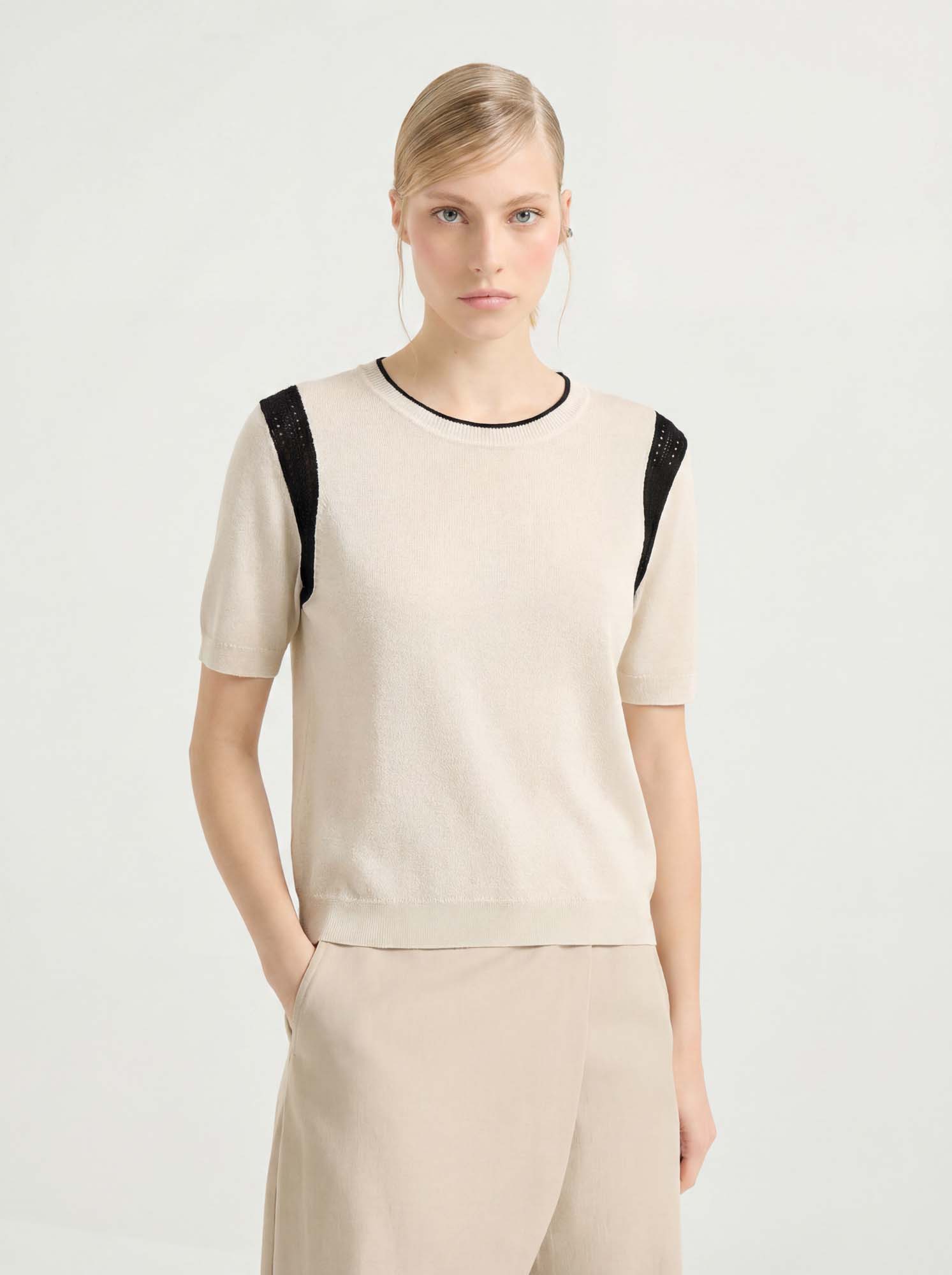 Beige Wool-Silk Knit Sweater with Hollow Out Shoulders