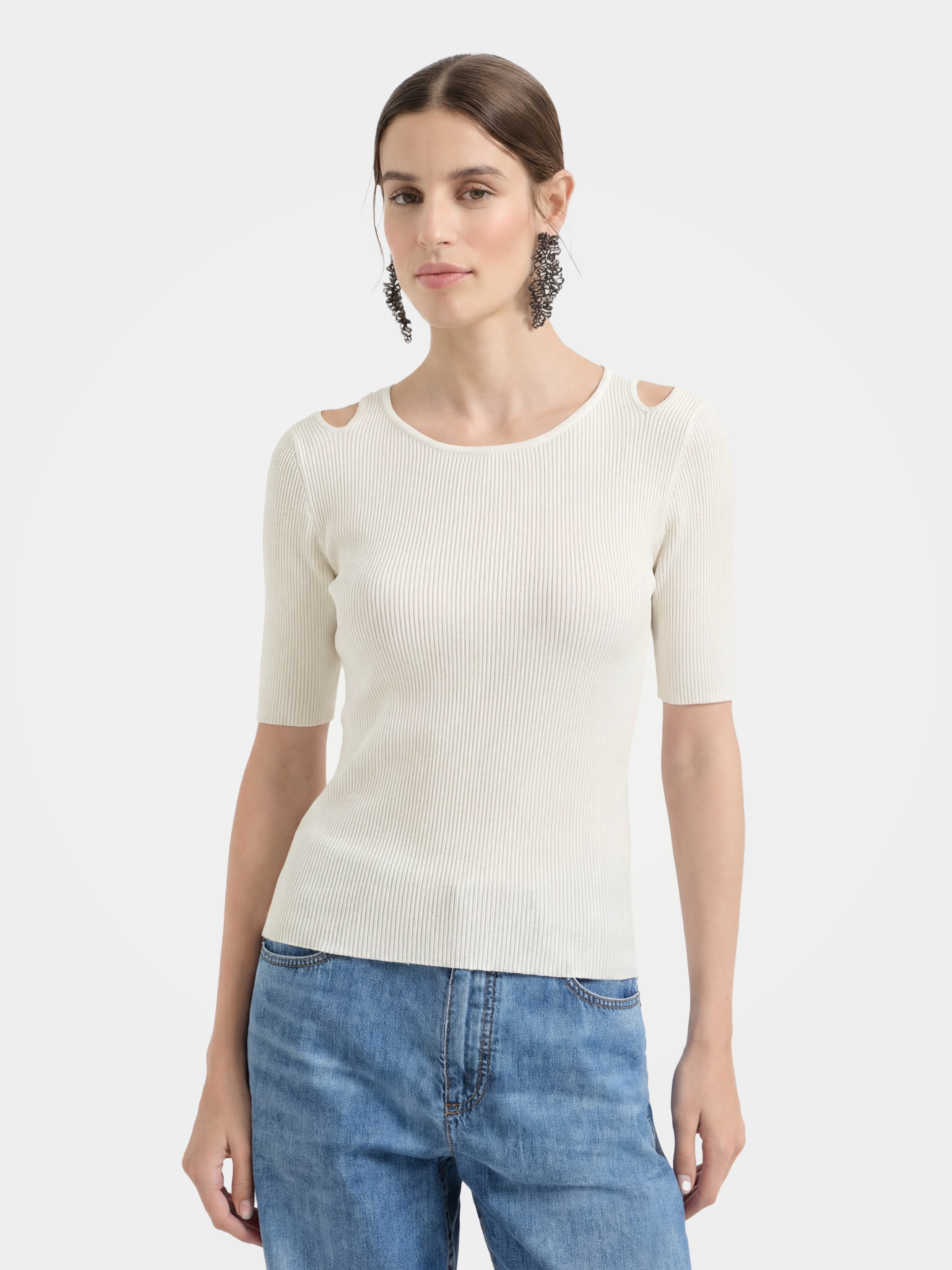 Beige Wool-Silk V-Neck Knit Top