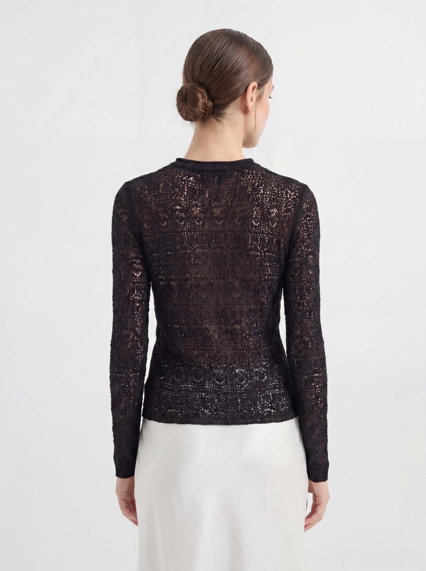 Black Wool-Silk Lace Long Sleeve Knit Sweater