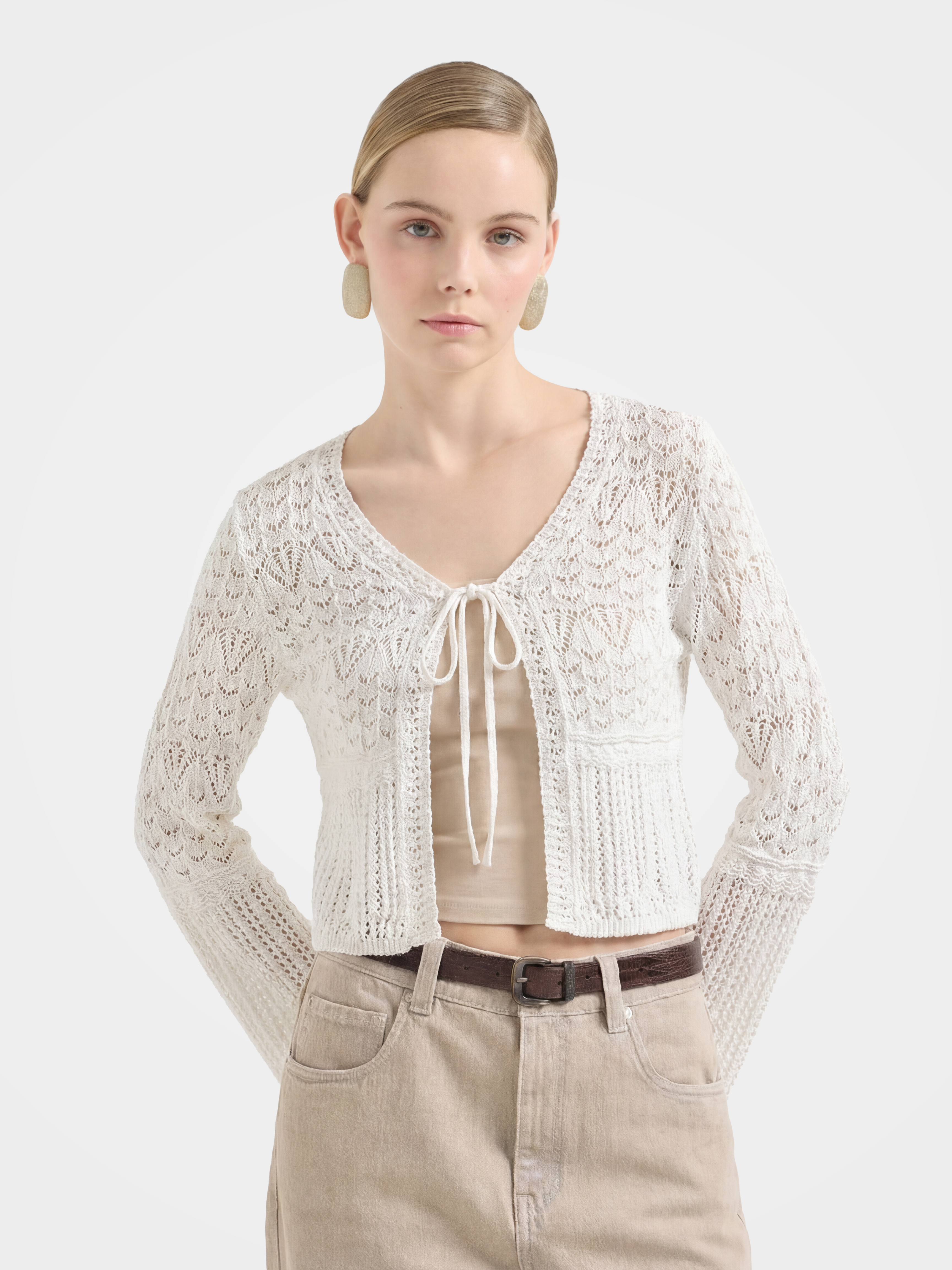 White Cotton Hollow Out Knit Cardigan