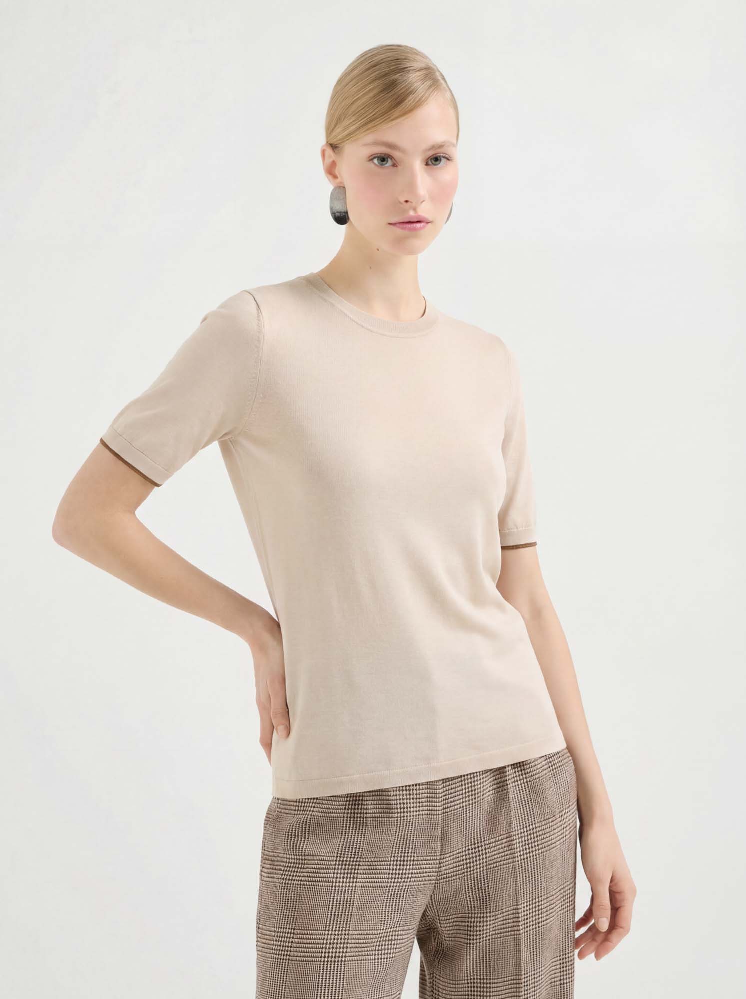 Beige Cotton Knit Polo Sweater