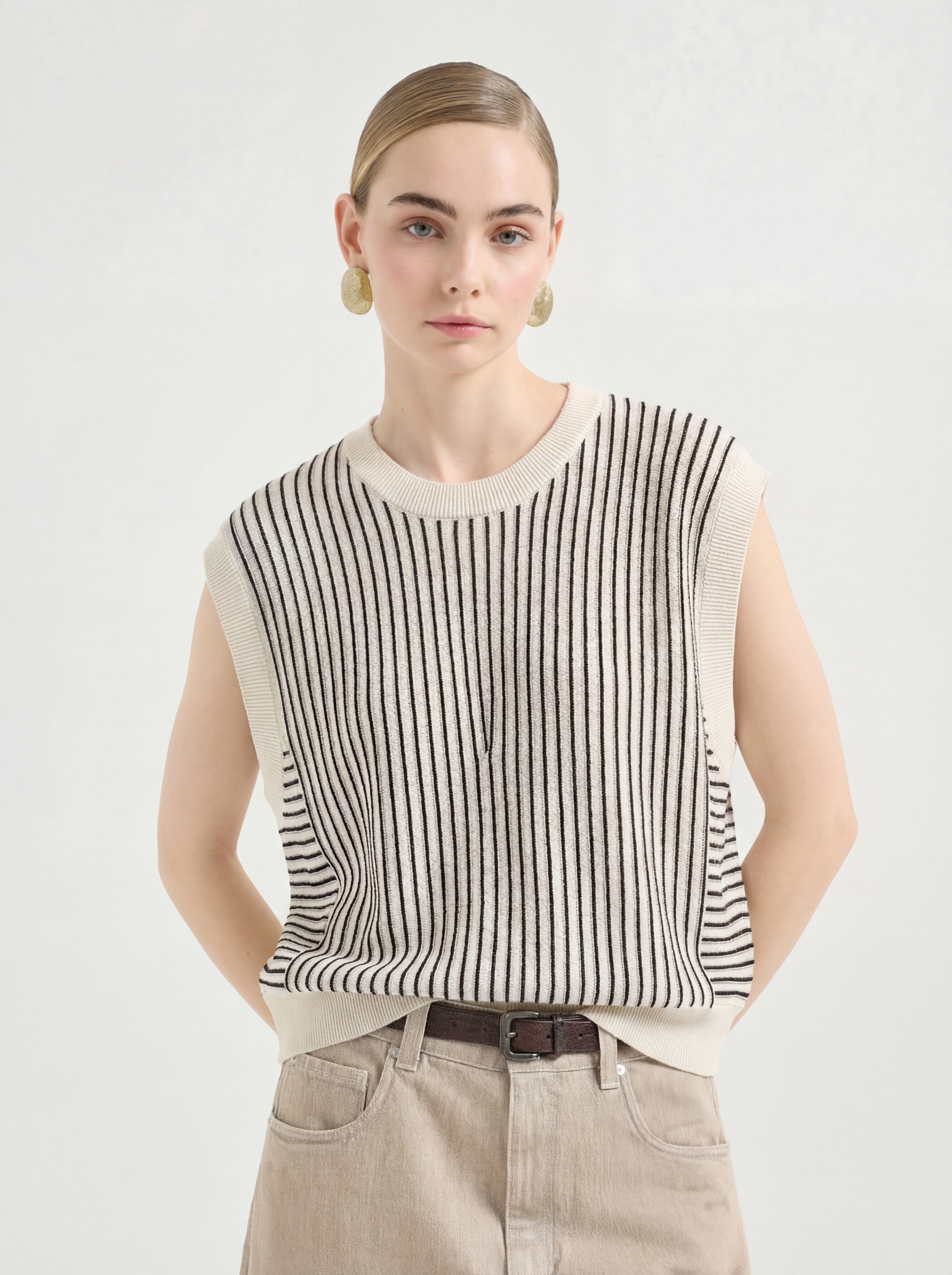 Beige Crew Neck Cotton Knit Tank