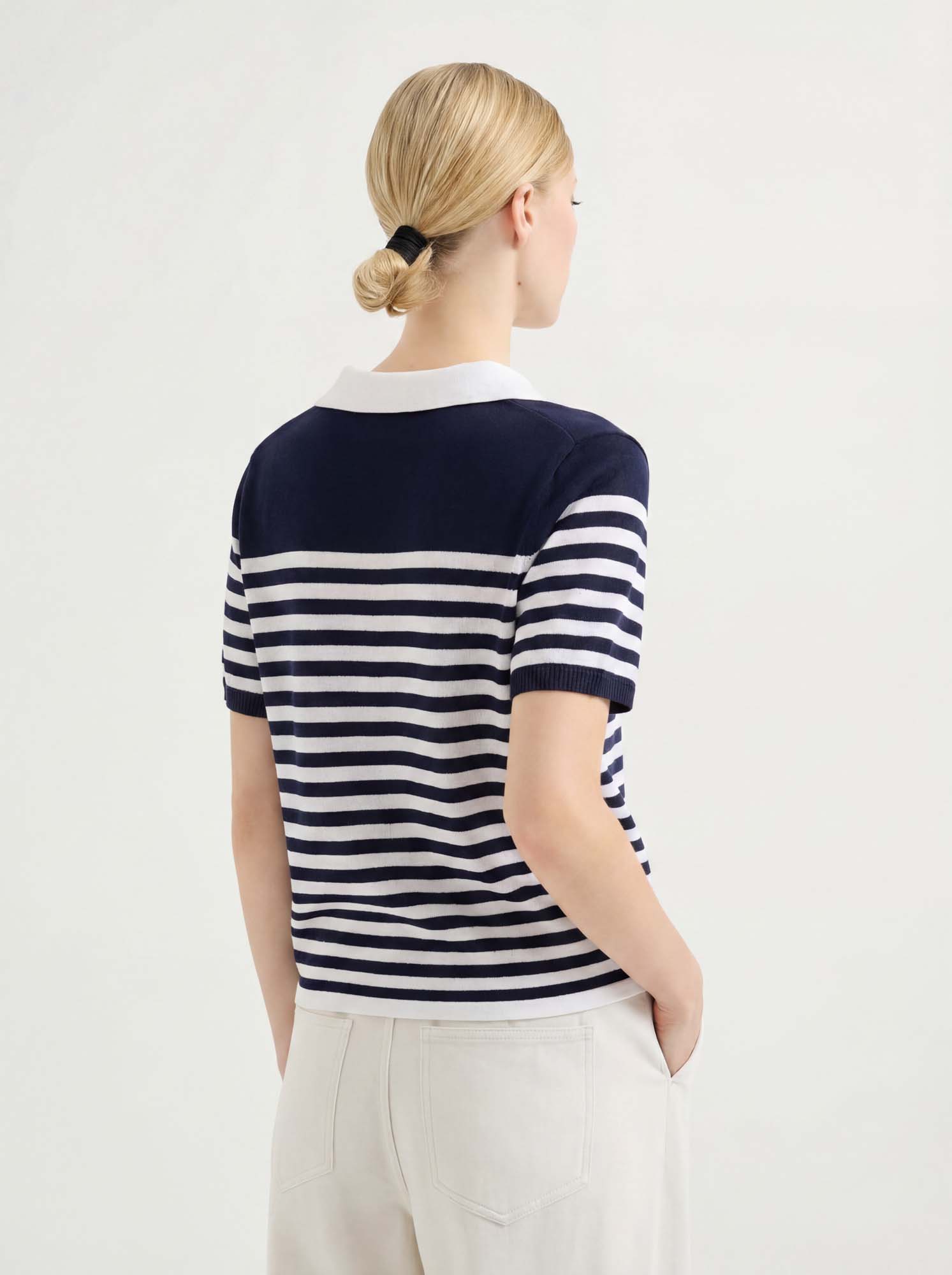 Navy Tencel Short Sleeve Stripe Knit Polo Sweater