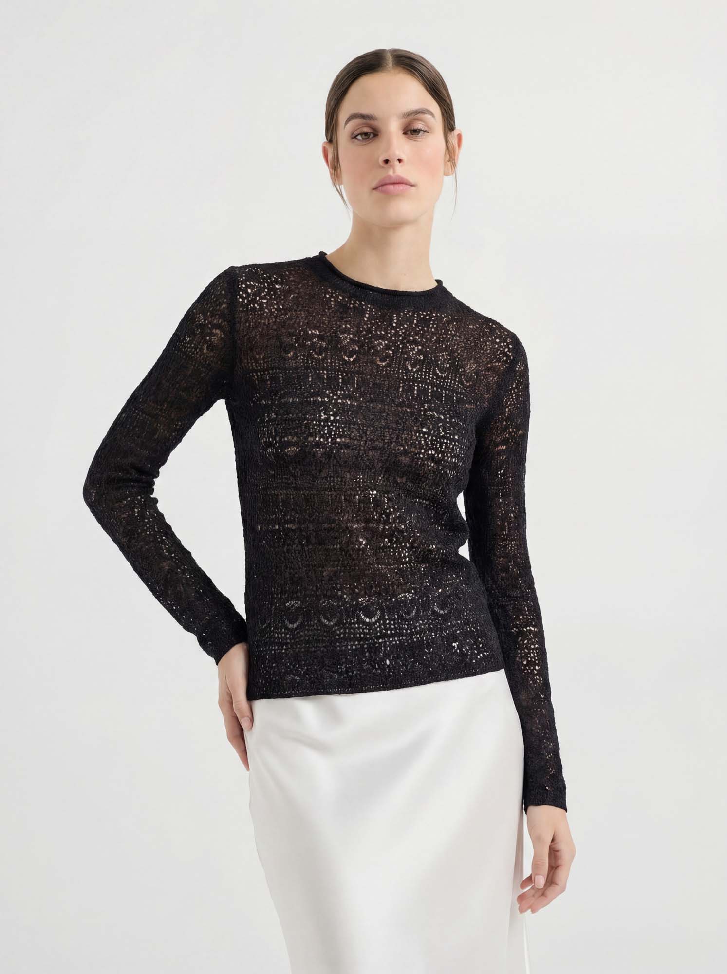 Black Wool-Silk Lace Long Sleeve Knit Sweater