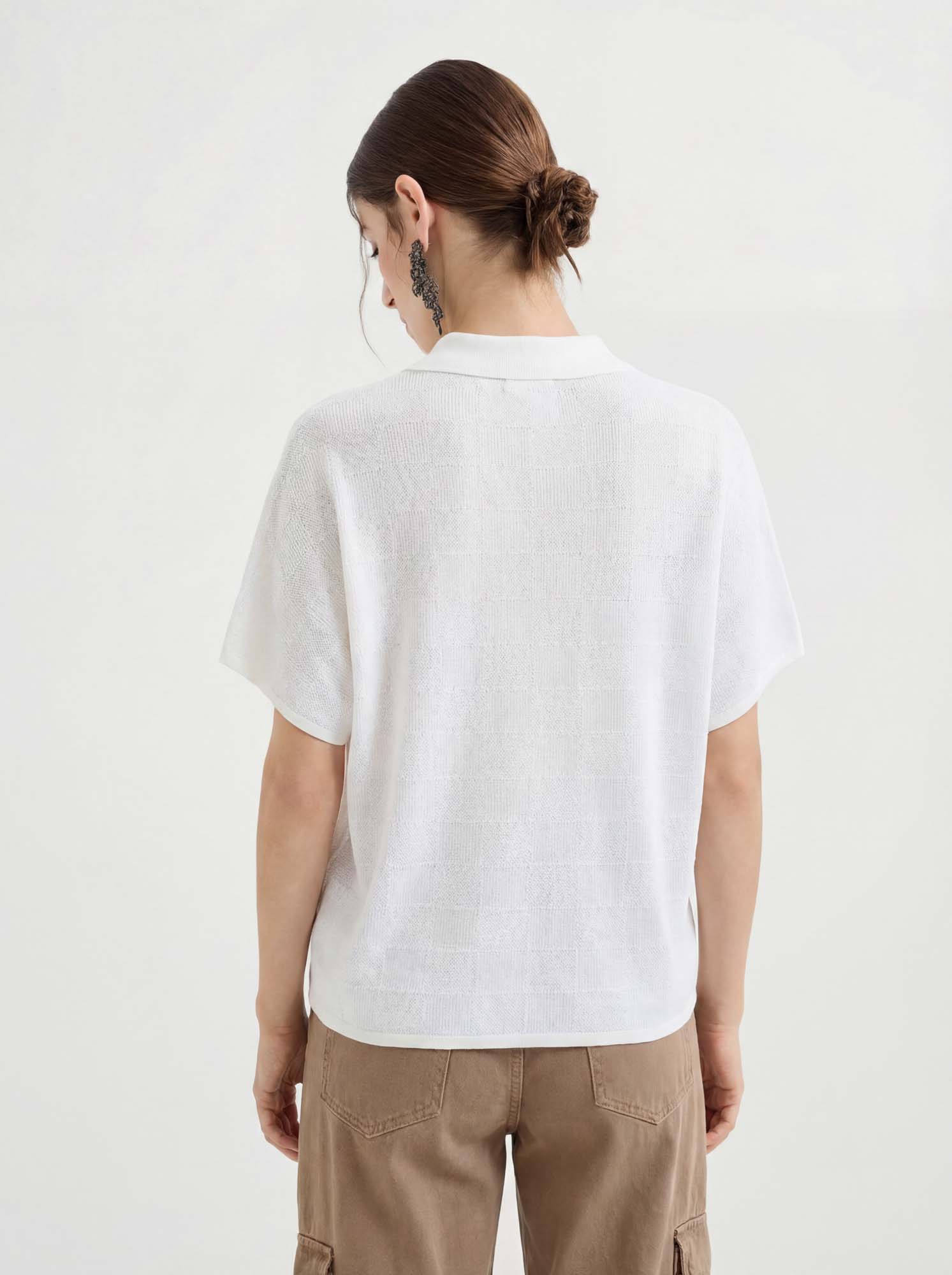 White Polo Collar Cotton Knit Batwing Sweater