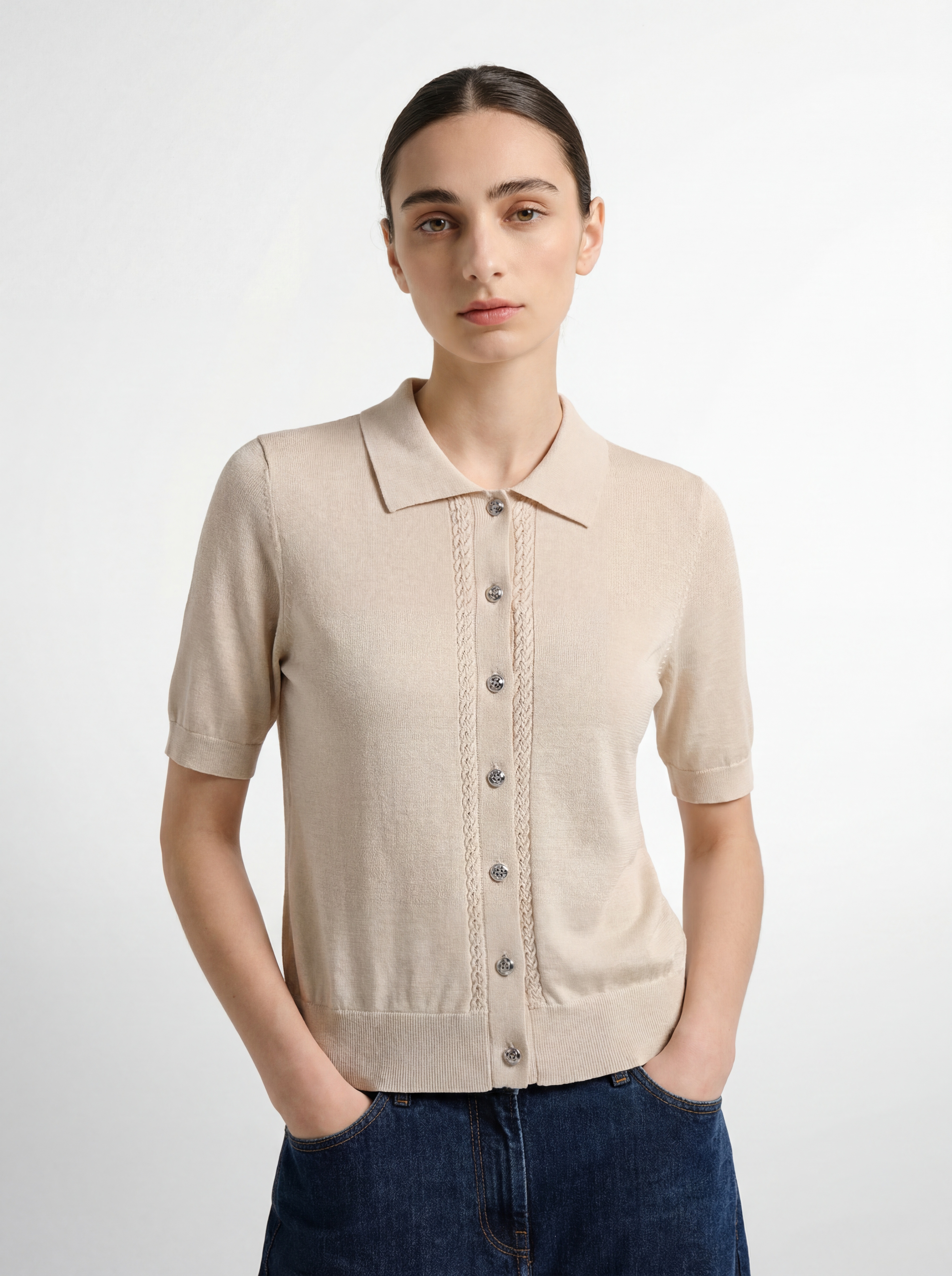 Beige Cotton Short Sleeve Knit Cardigan