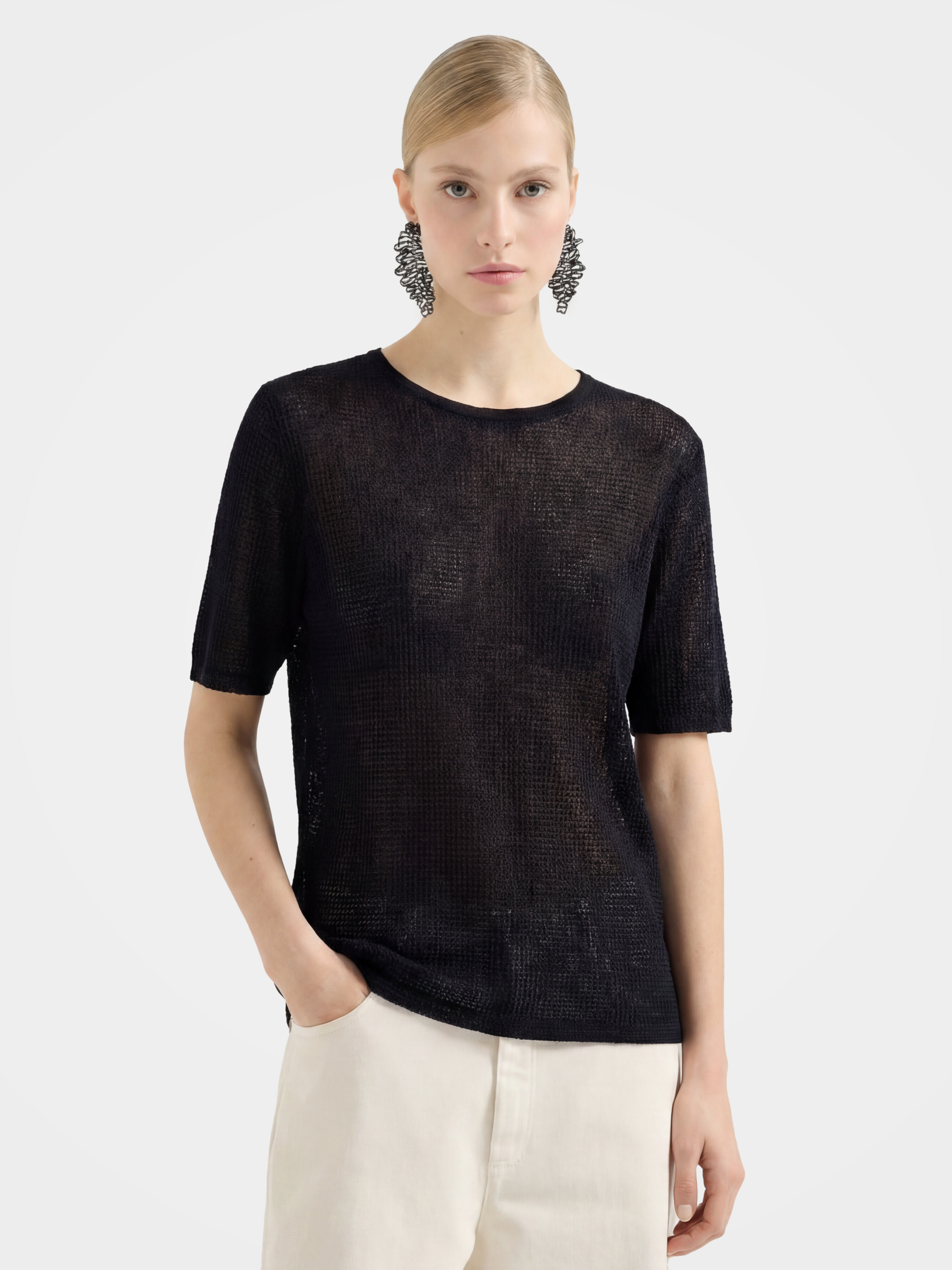 Black Tencel Short Sleeve Knit Top