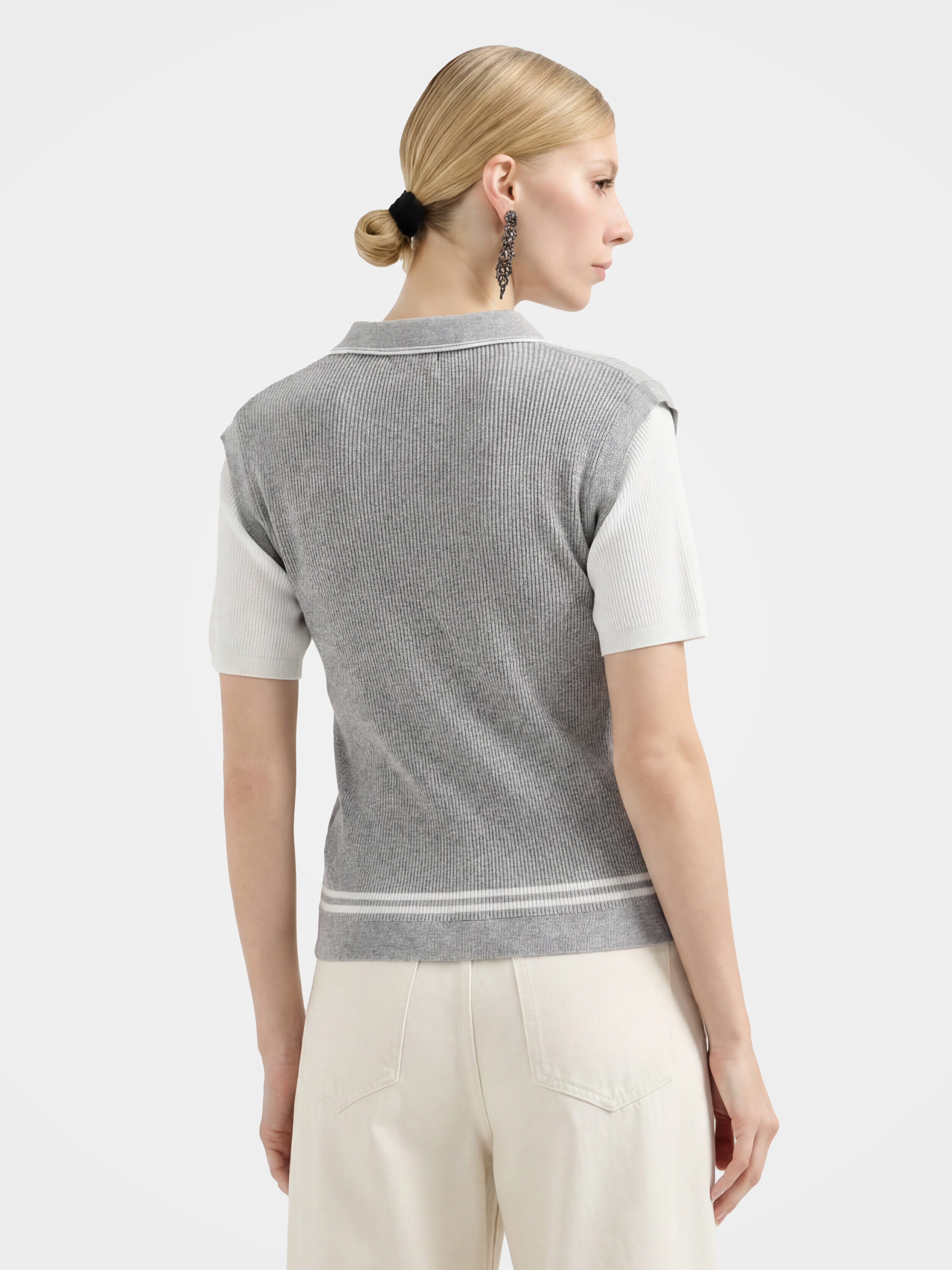 Gray Cotton Colorblock Knit Polo Sweater