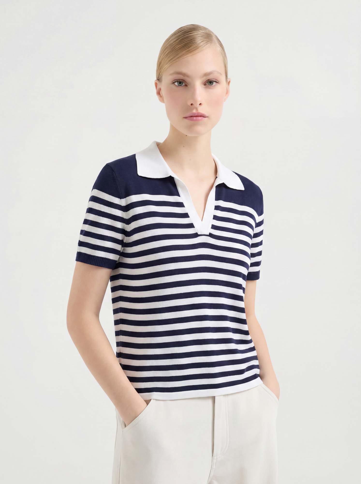 Navy Tencel Short Sleeve Stripe Knit Polo Sweater