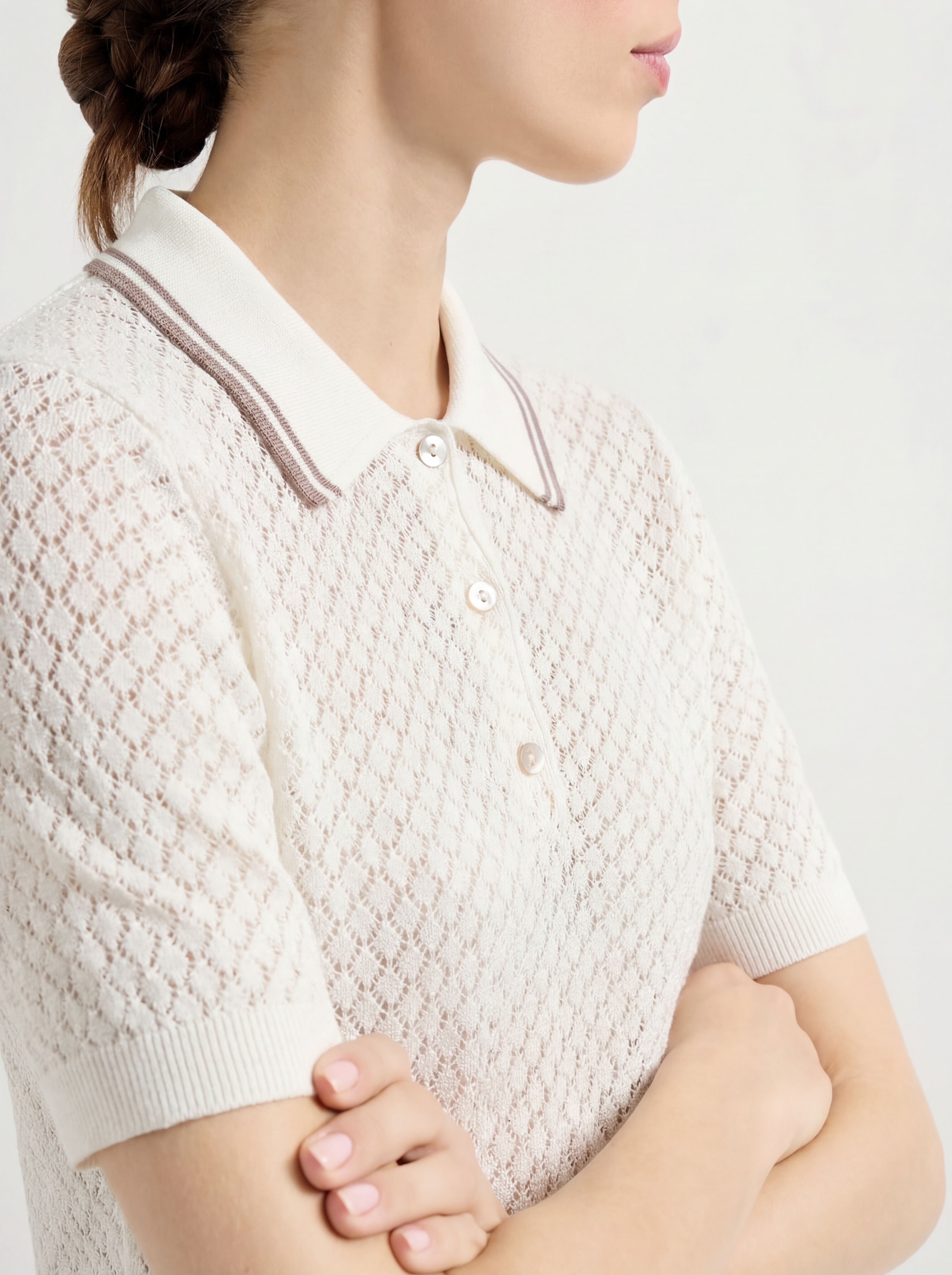 White Tencel Short Sleeve Knit Polo Sweater