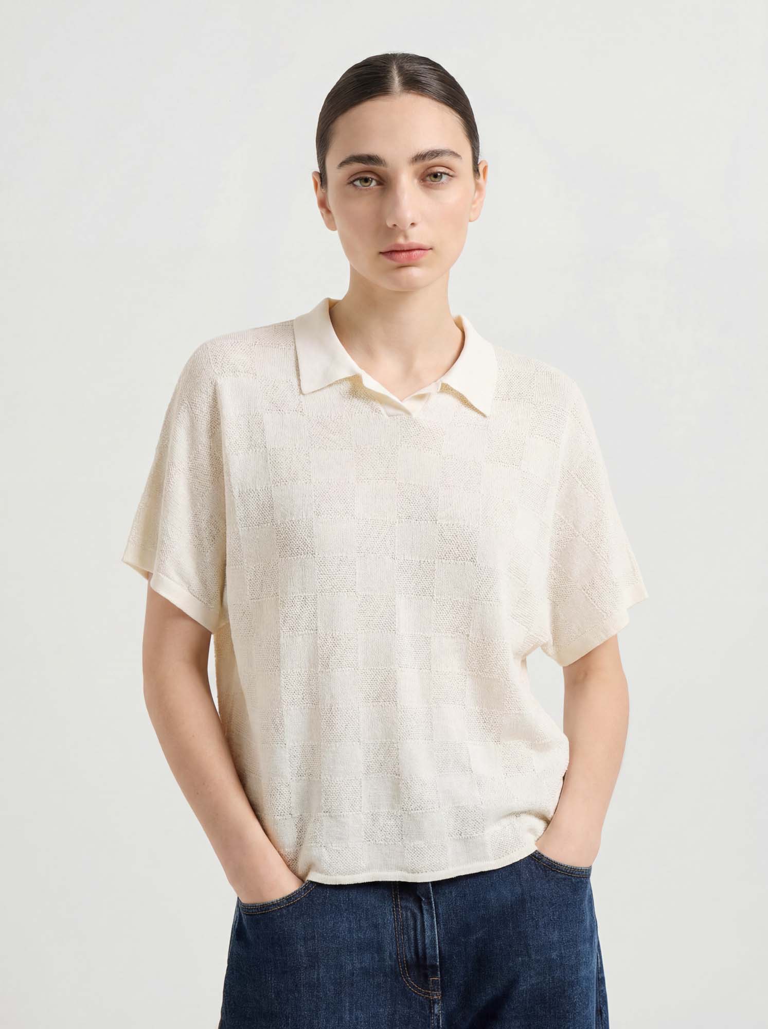 Beige Cotton Short Sleeve Knit Polo Sweater
