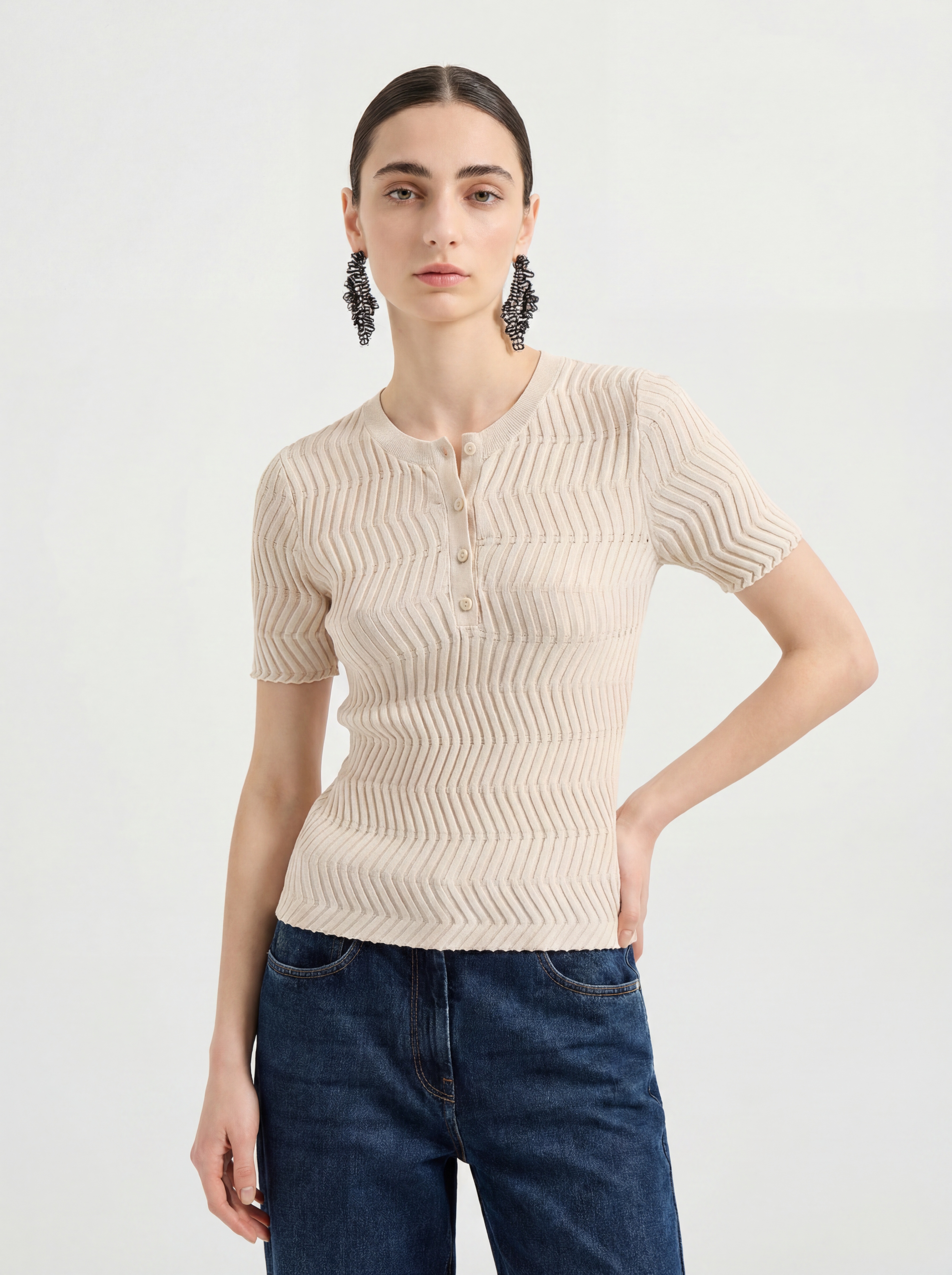Beige Tencel Short Sleeve Knit Sweater