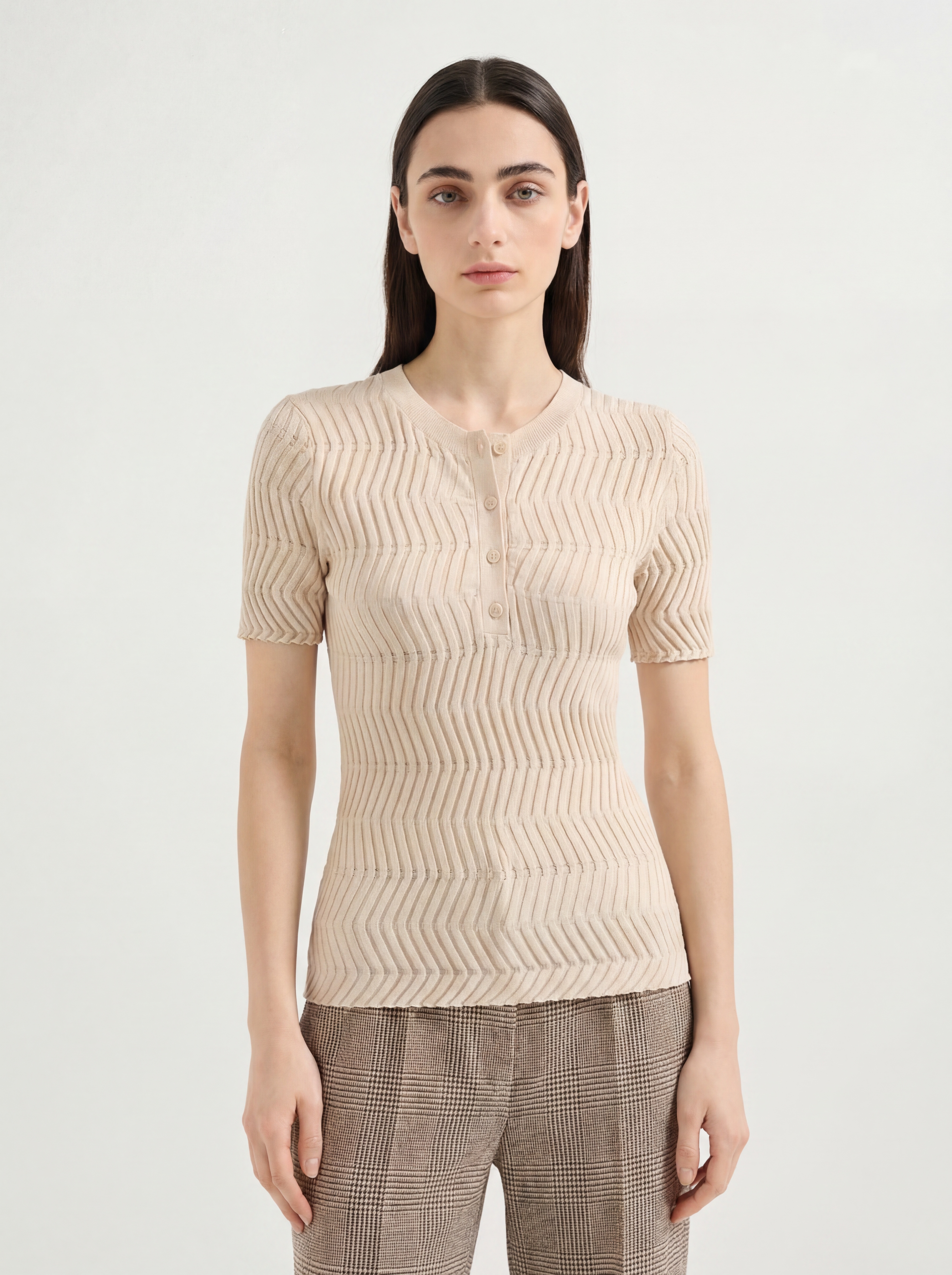 Beige Tencel Short Sleeve Knit Sweater