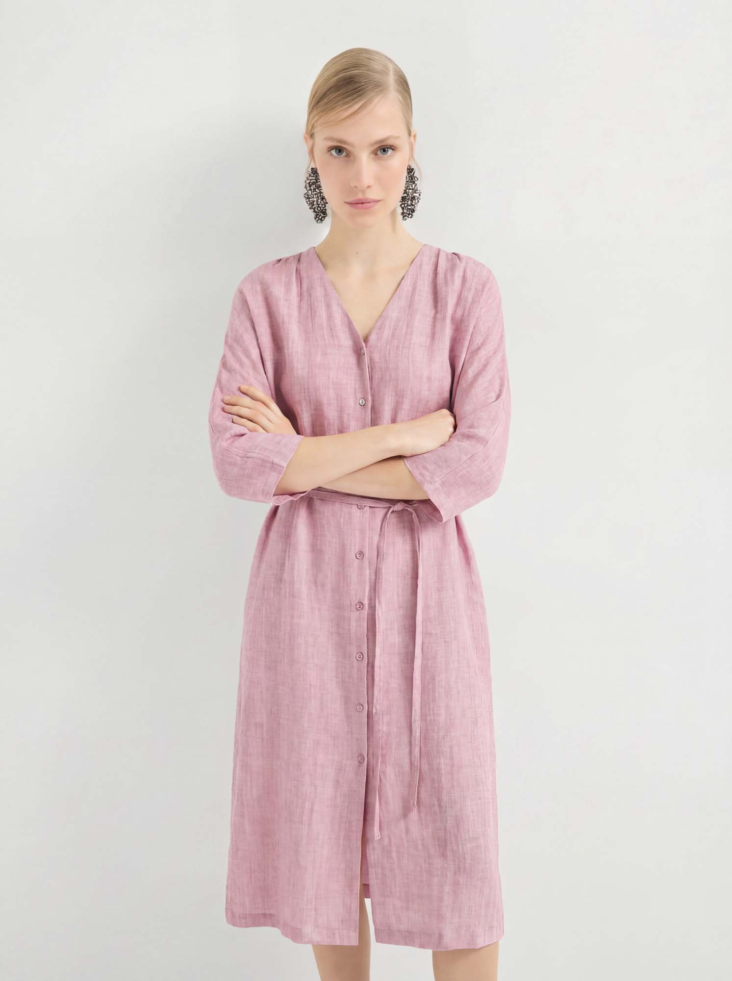 Pink 3/4 Sleeve Midi Linen Dress