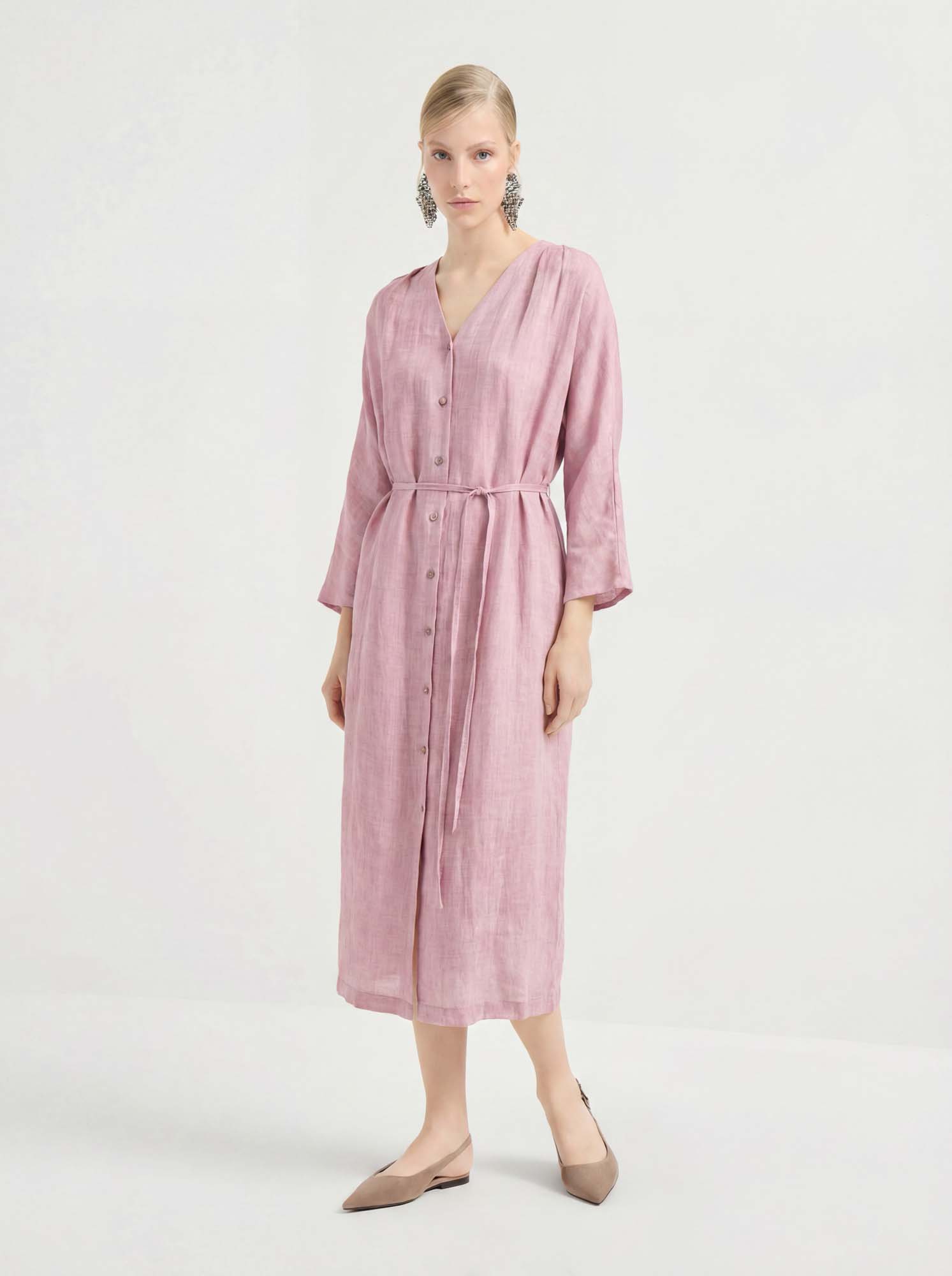 Pink 3/4 Sleeve Midi Linen Dress