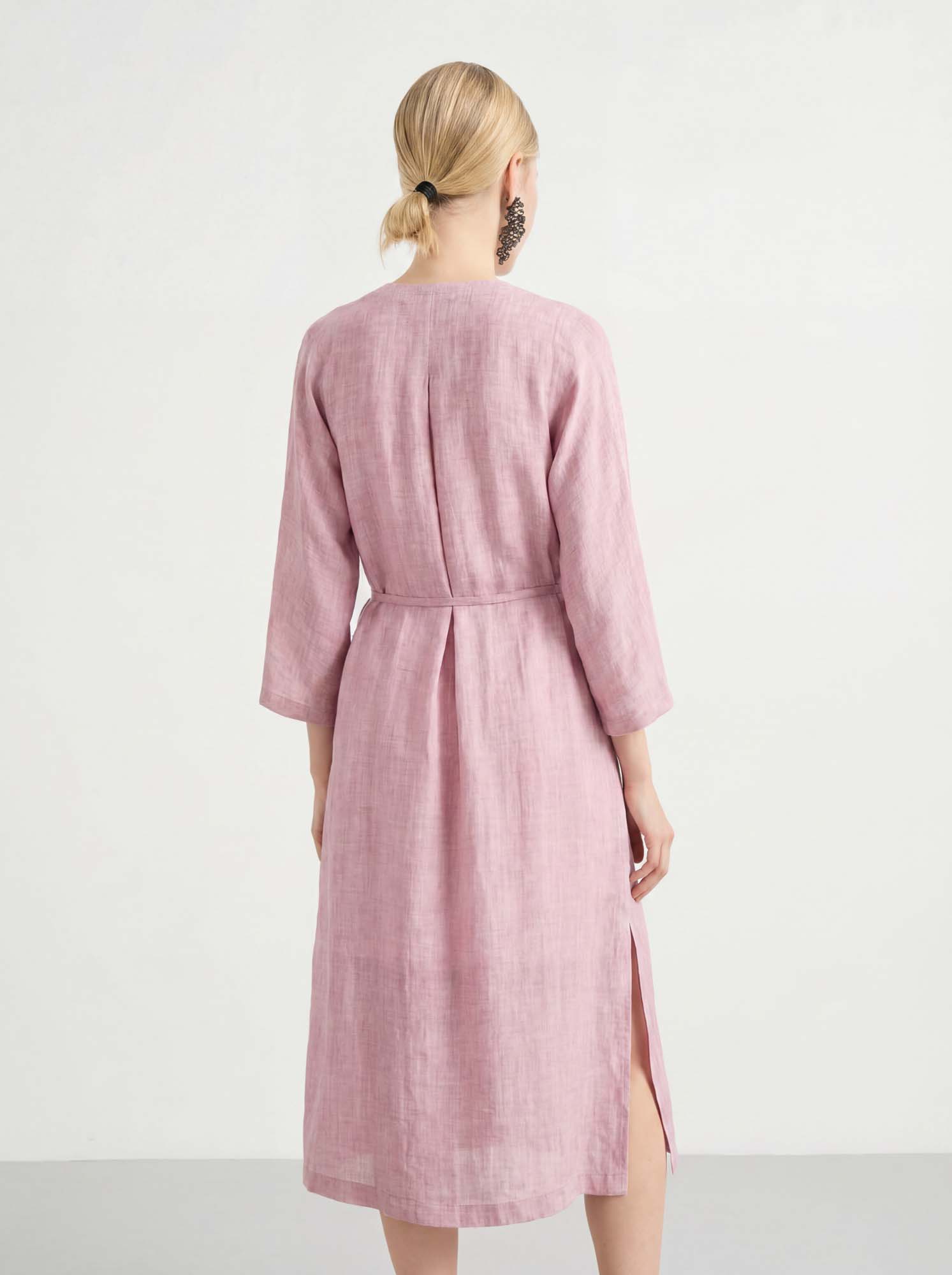 Pink 3/4 Sleeve Midi Linen Dress