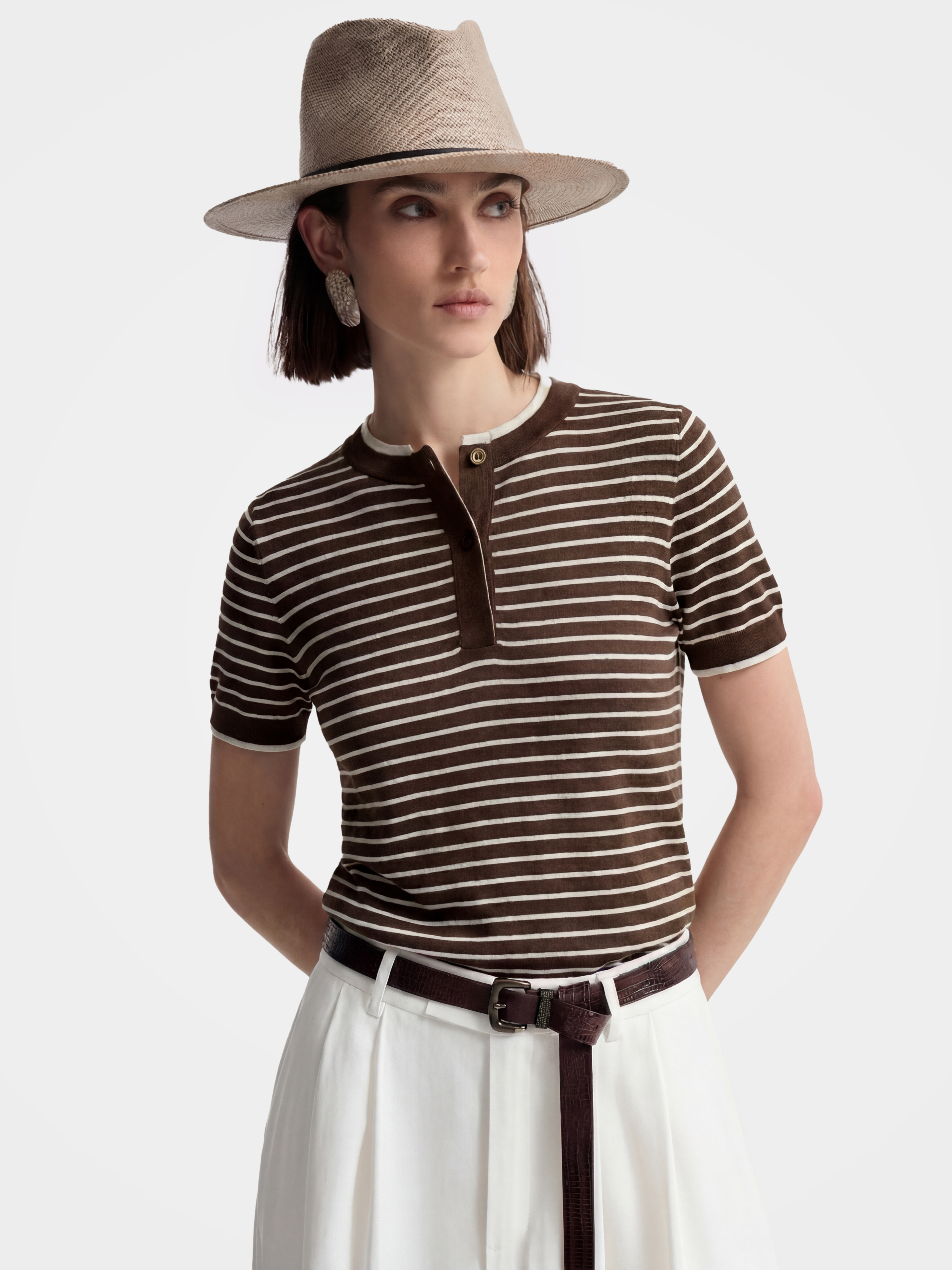 White Brown Striped Faux Two-Piece Crew Neck Knit Top