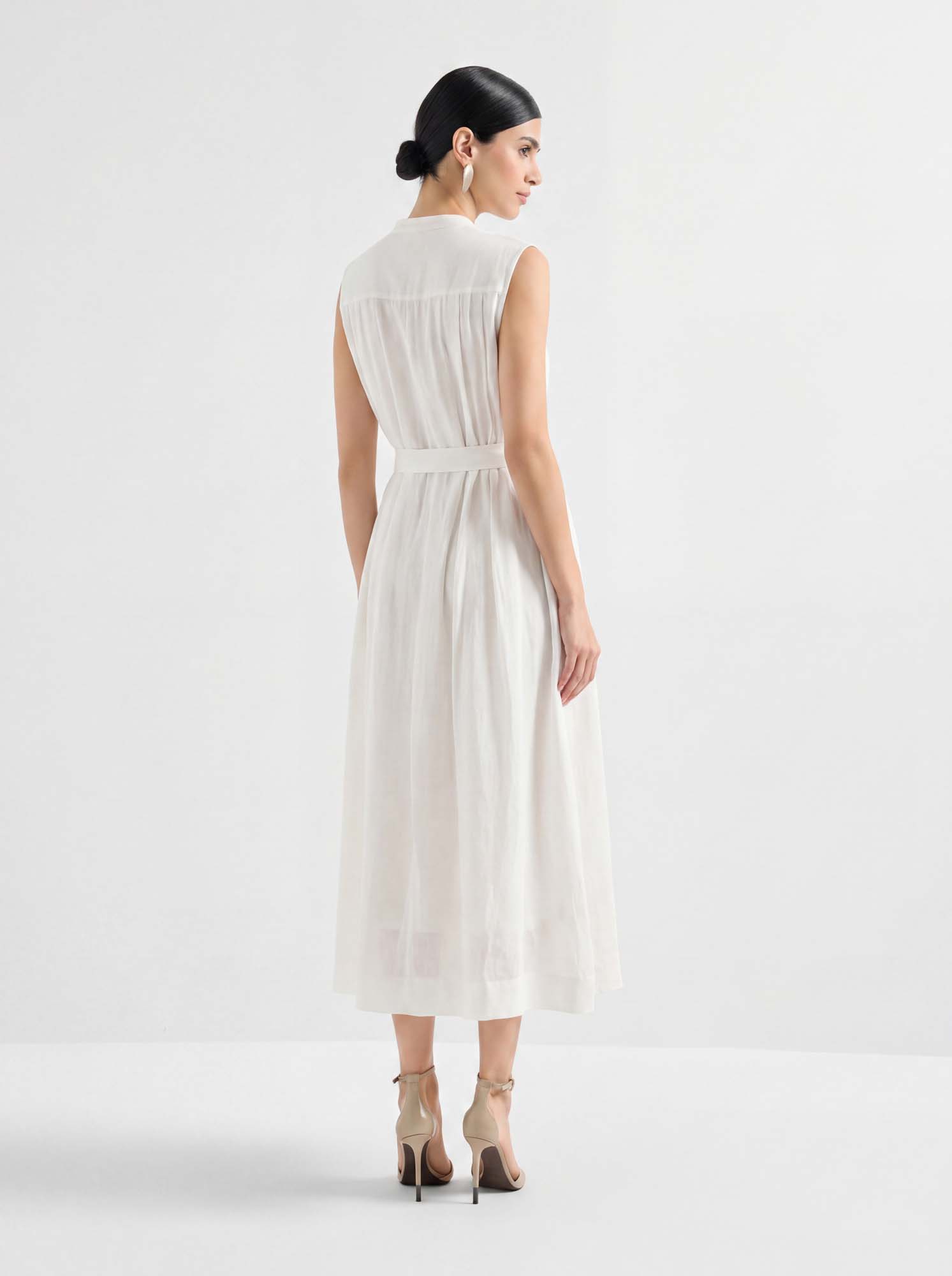 White Pleated Linen Tie-Waist Dress