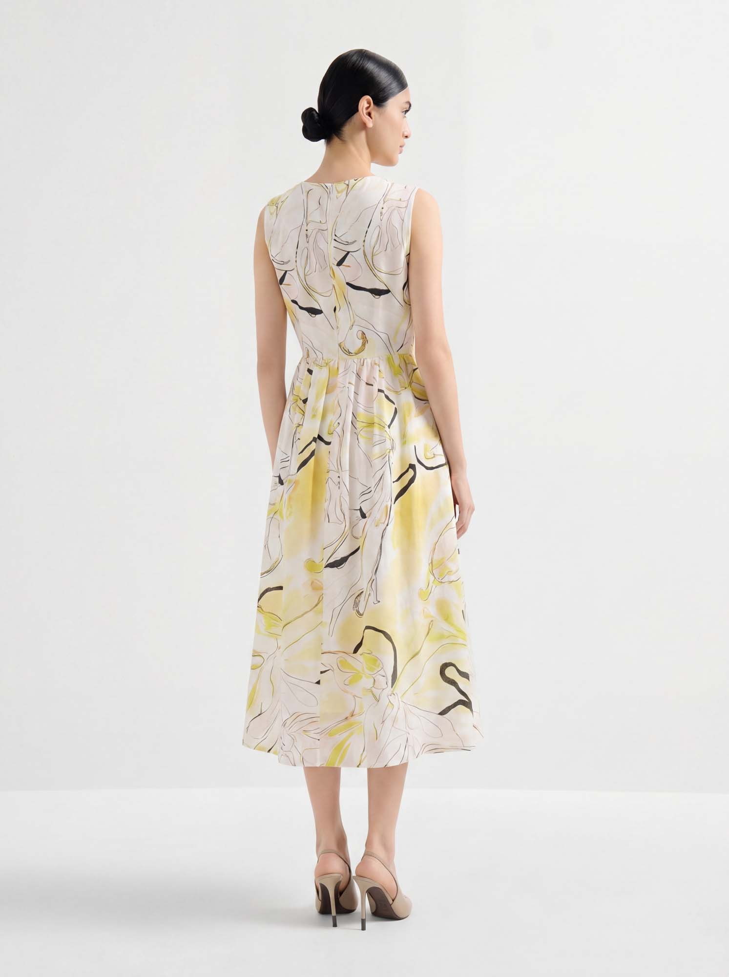 Yellow Linen Crew Neck Print Midi Dress