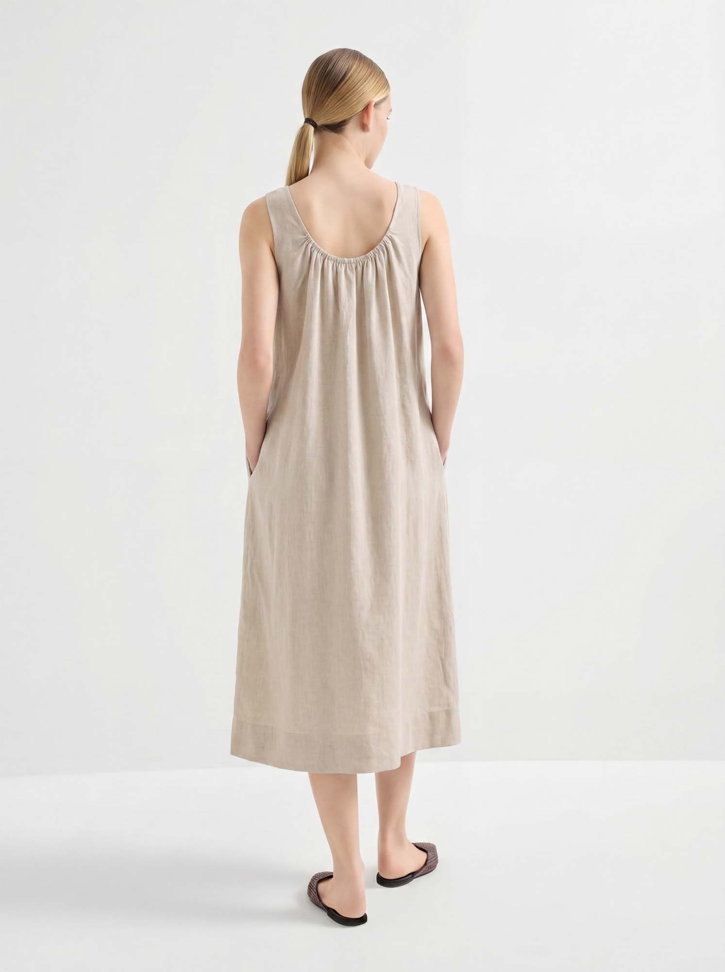 Beige Linen Square Neck Slip Midi Dress