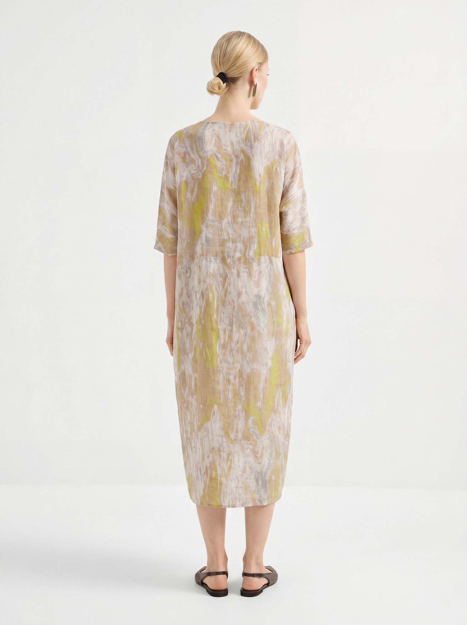 Yellow Linen V Neck Print Midi Dress