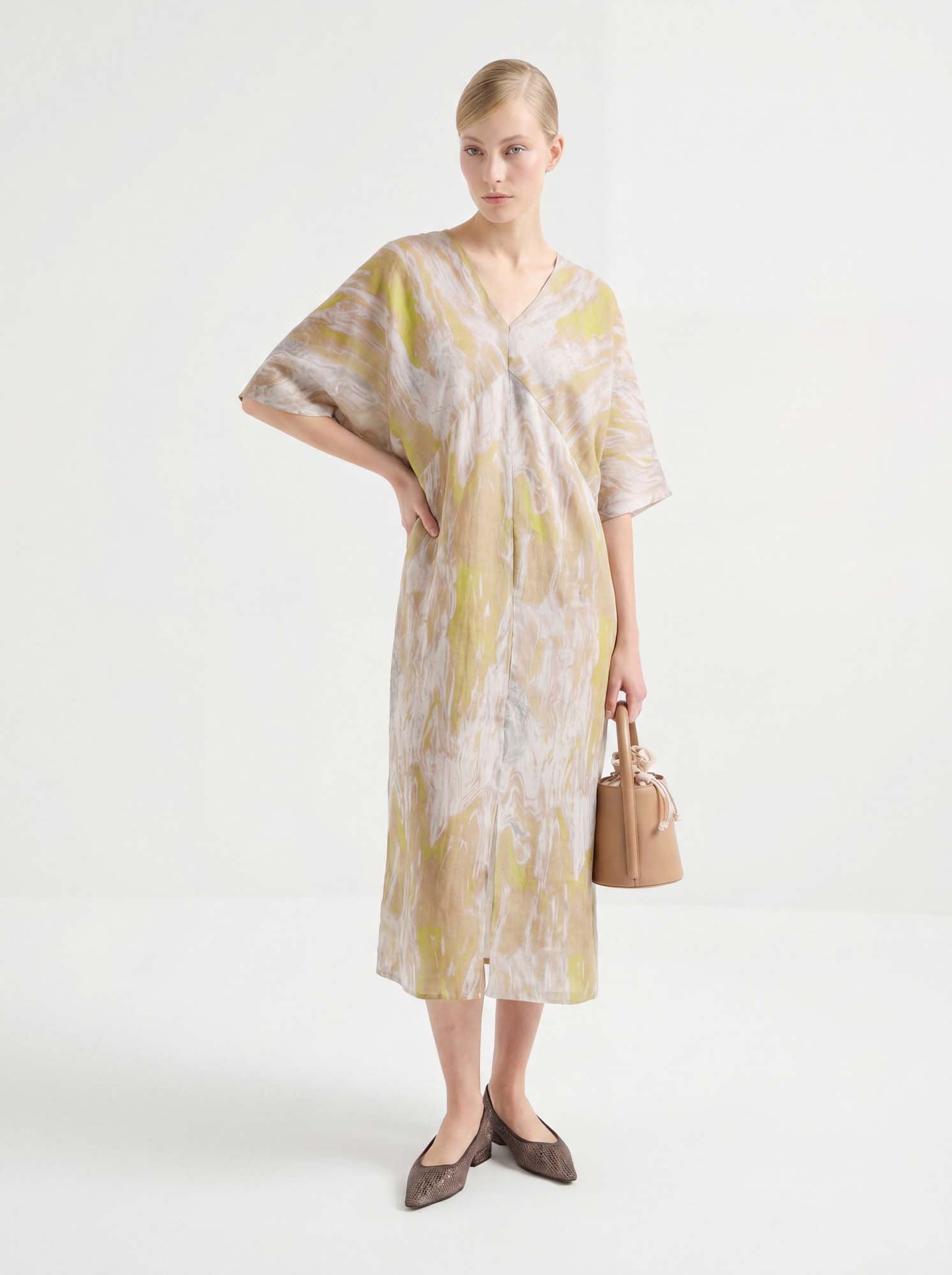 Yellow Linen V Neck Print Midi Dress