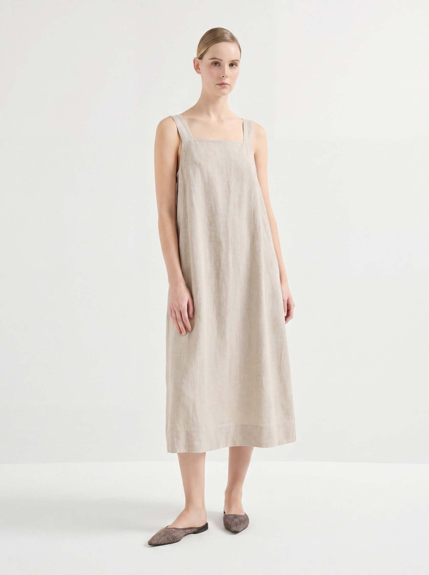 Beige Linen Square Neck Slip Midi Dress