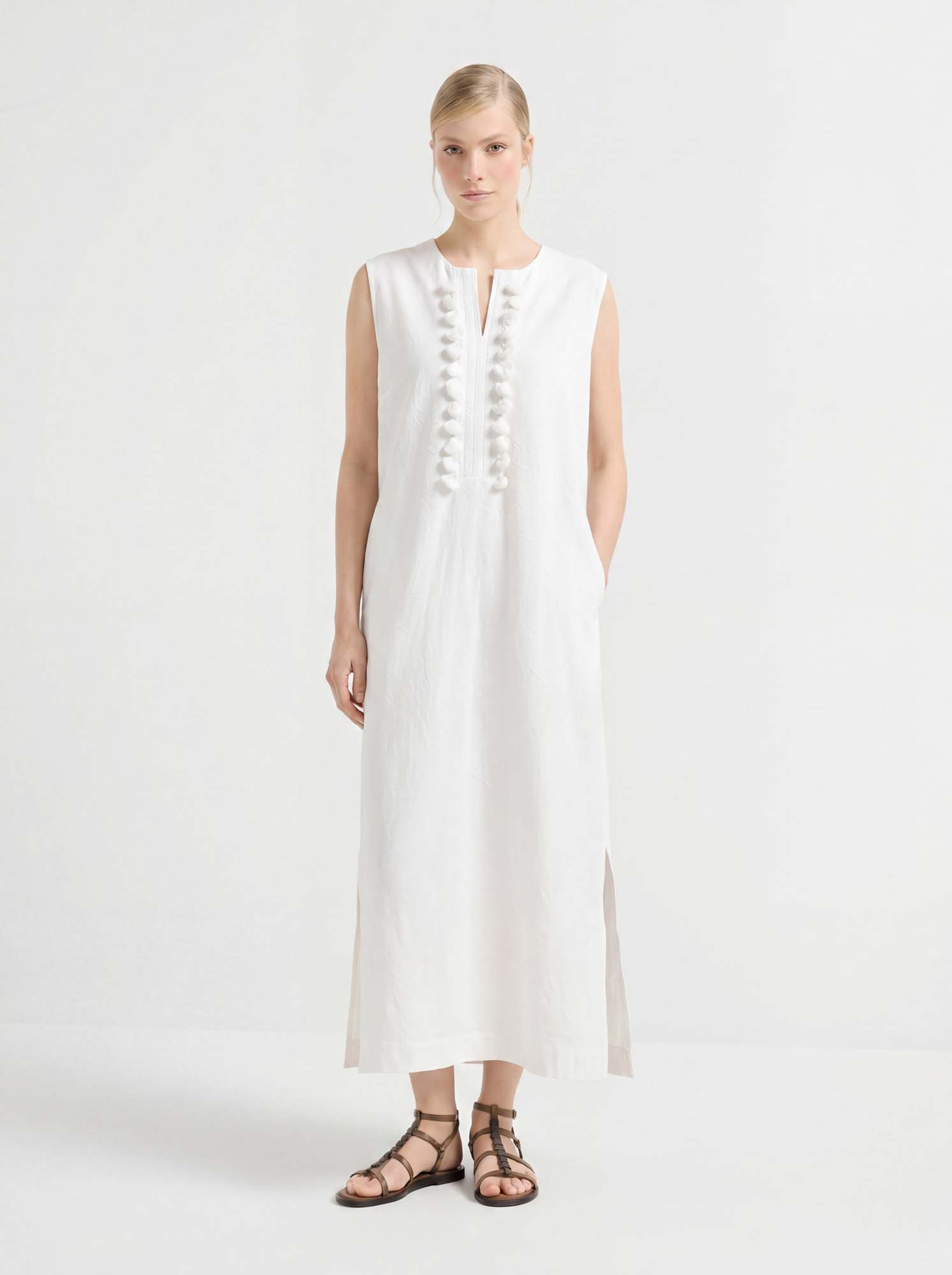 White Linen Crew Neck Maxi Tank Dress