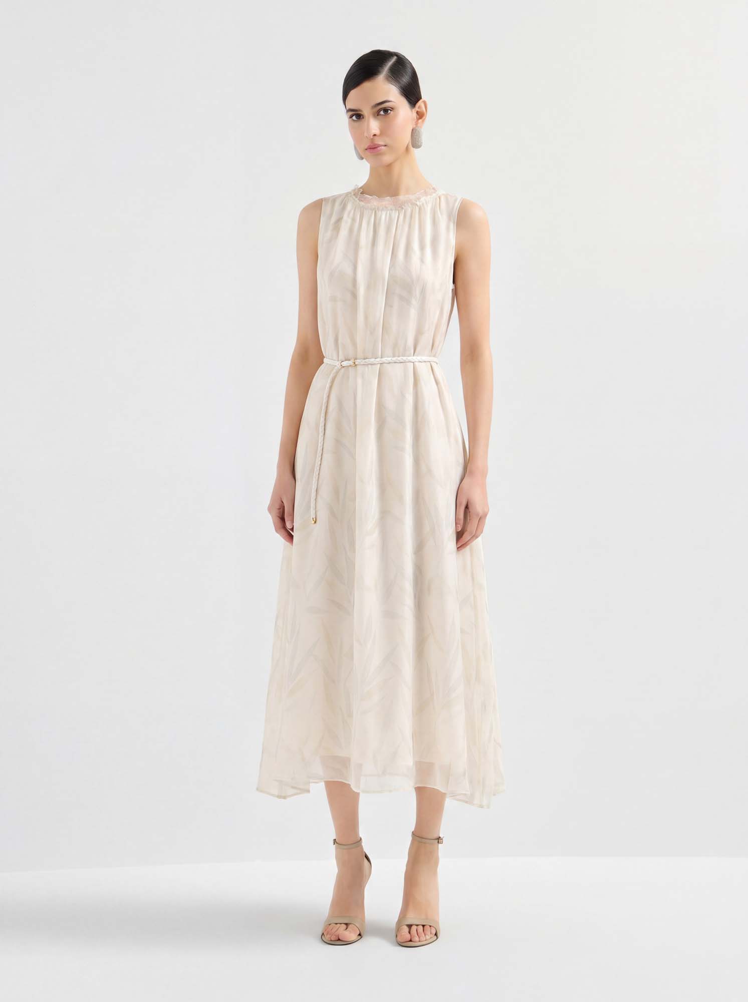 Beige Silk Crew Neck Print Midi Dress